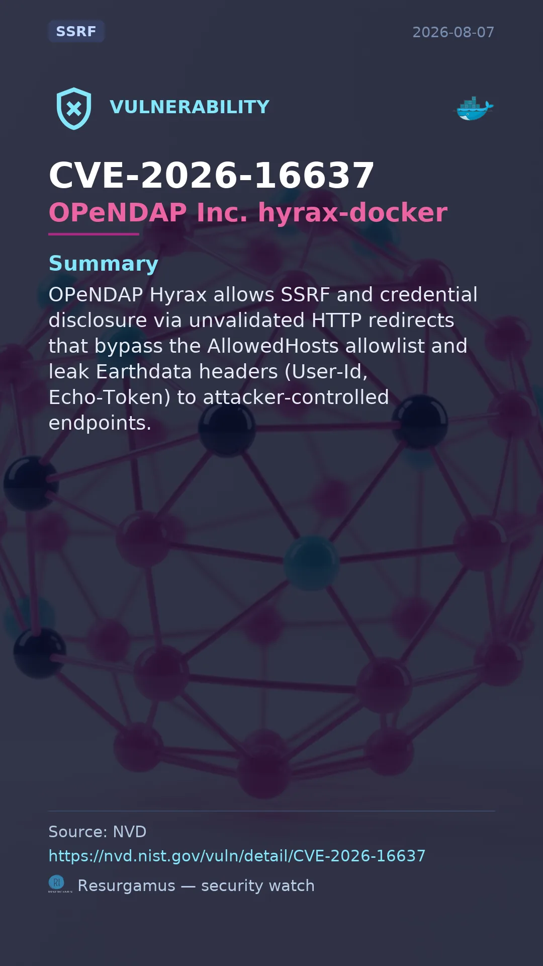 CVE-2026-16637 OPeNDAP Inc. hyrax-docker Vulnerability