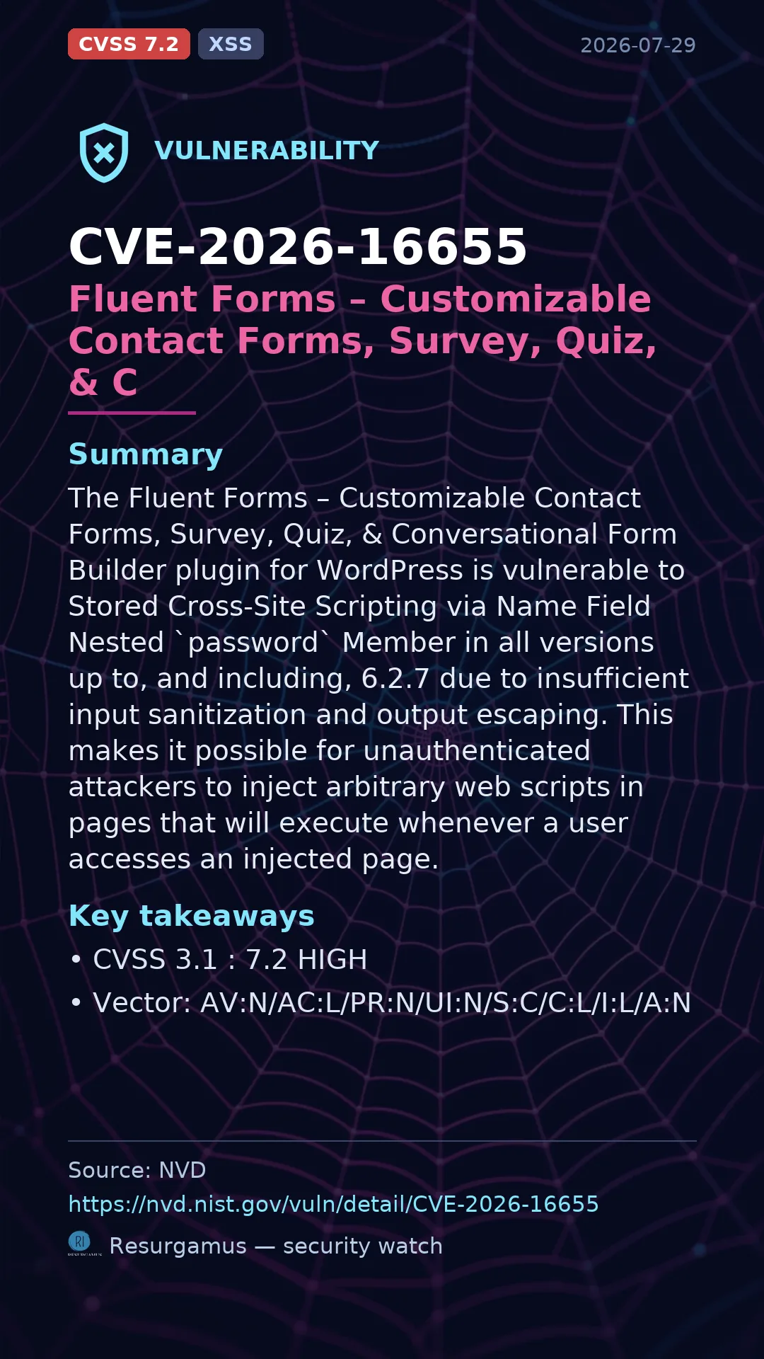 CVE-2026-16655 Fluent Forms – Customizable Contact Form Vulnerability