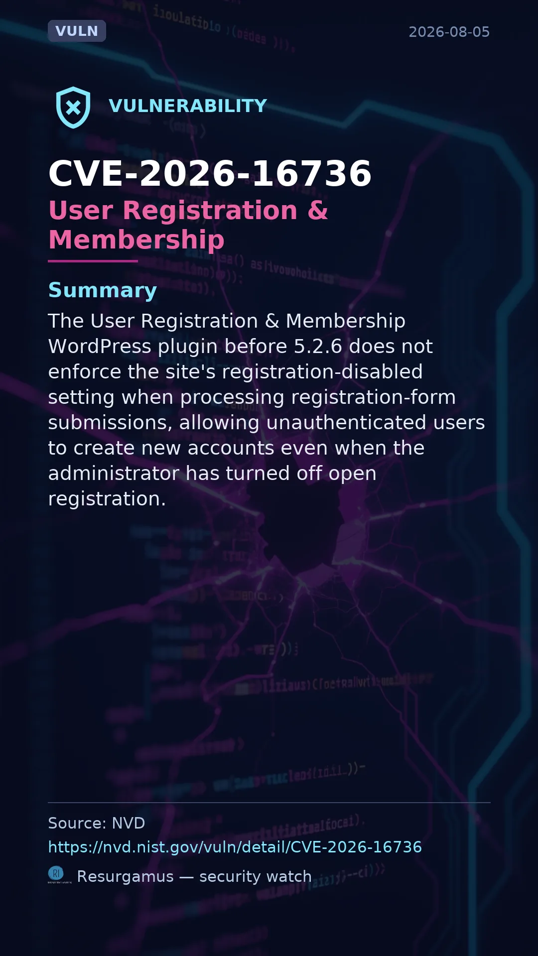 CVE-2026-16736 User Registration & Membership Vulnerability