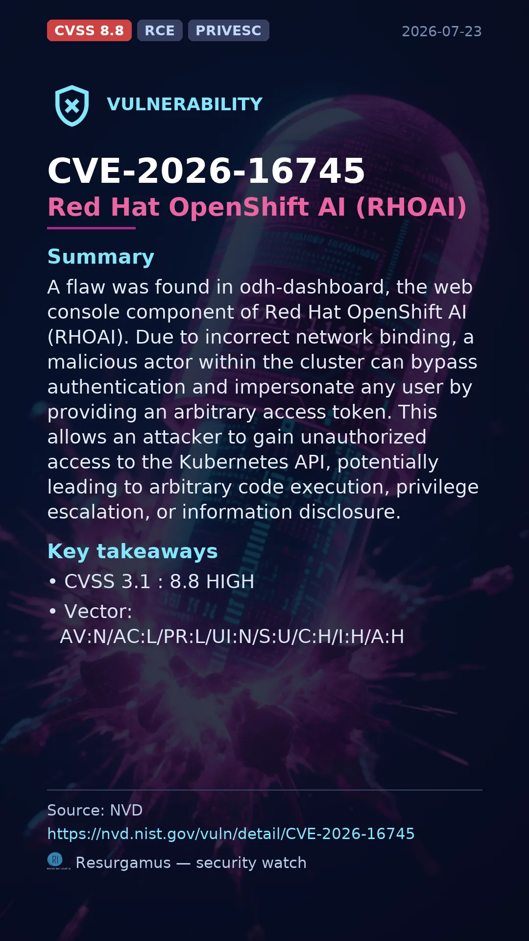 CVE-2026-16745 Red Hat OpenShift AI (RHOAI) Vulnerability