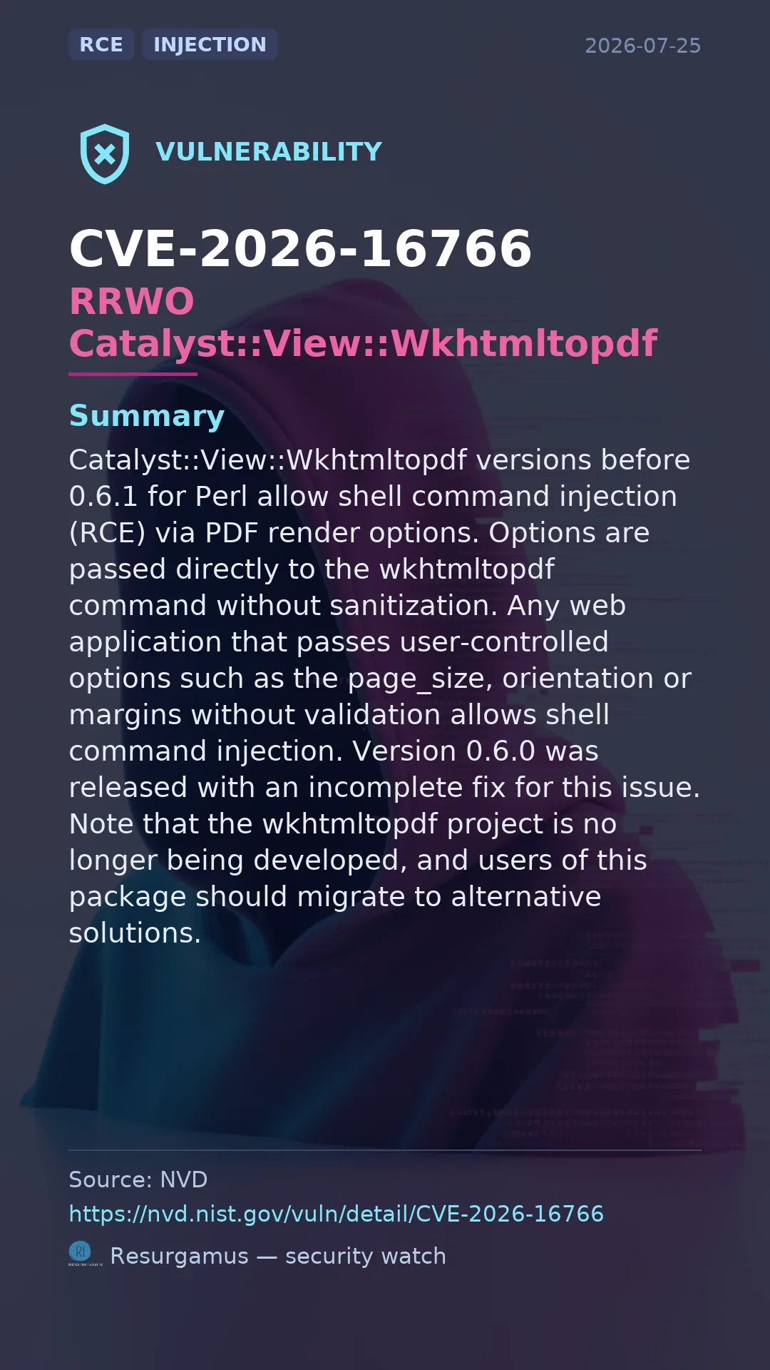 CVE-2026-16766 - RRWO Catalyst::View::Wkhtmltopdf vulnerability
