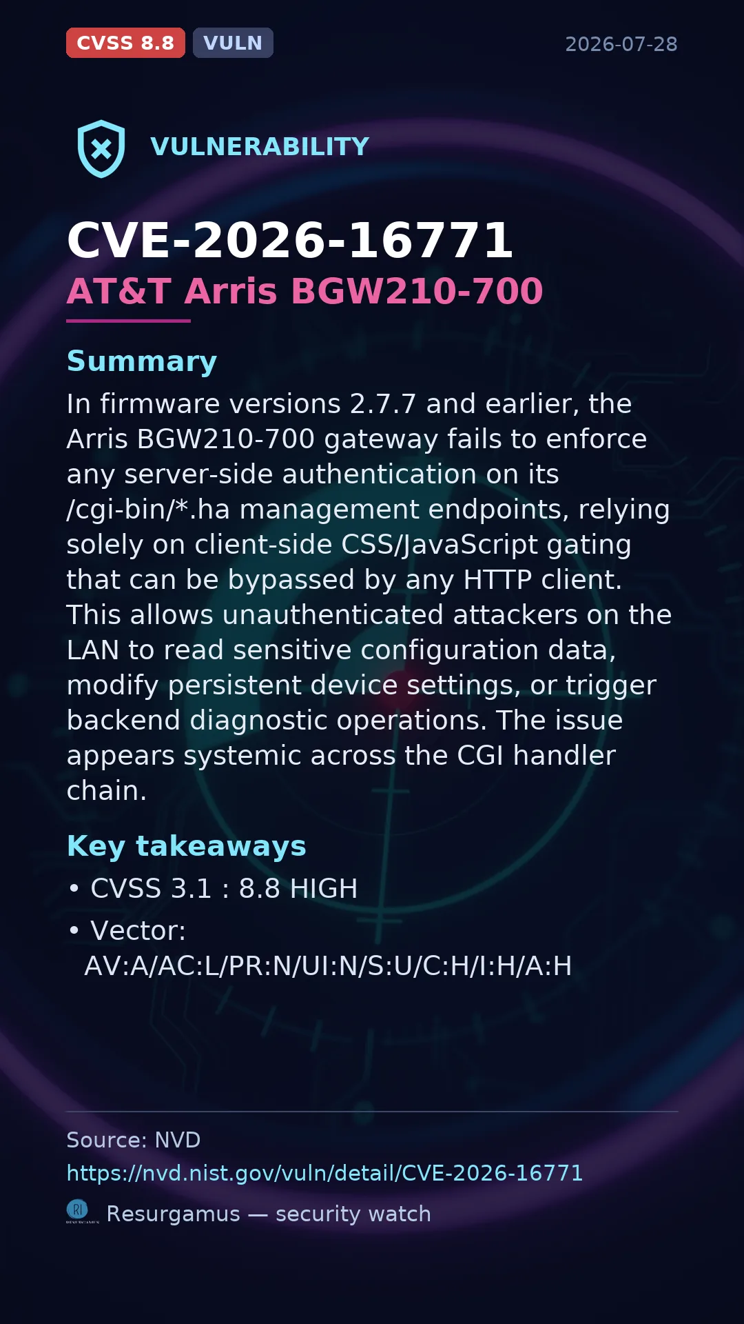 CVE-2026-16771 AT&T Arris BGW210‑700 Vulnerability