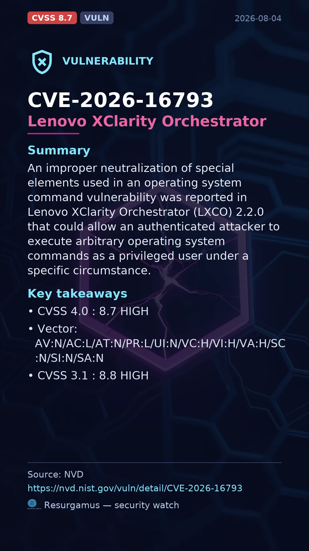 CVE-2026-16793 Lenovo XClarity Orchestrator Vulnerability