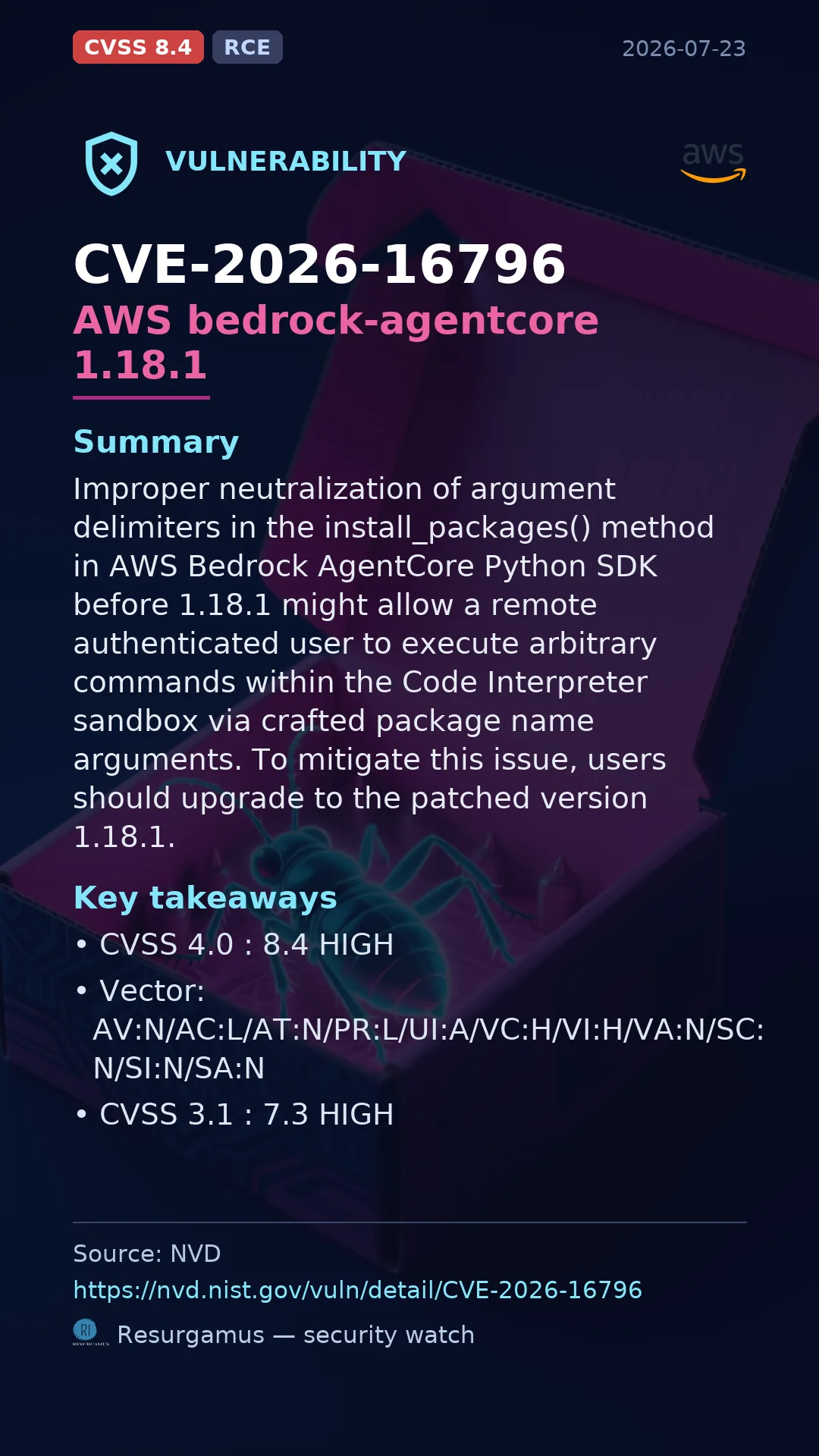 CVE-2026-16796 AWS bedrock-agentcore 1.18.1 Vulnerability
