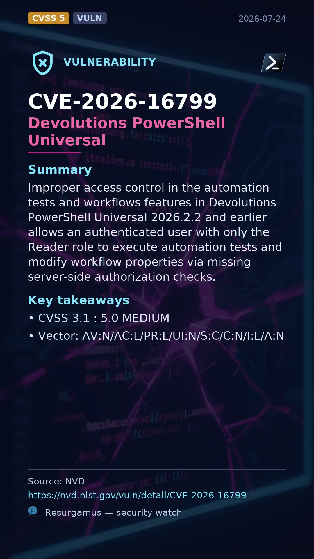 CVE-2026-16799 - Devolutions PowerShell Universal vulnerability