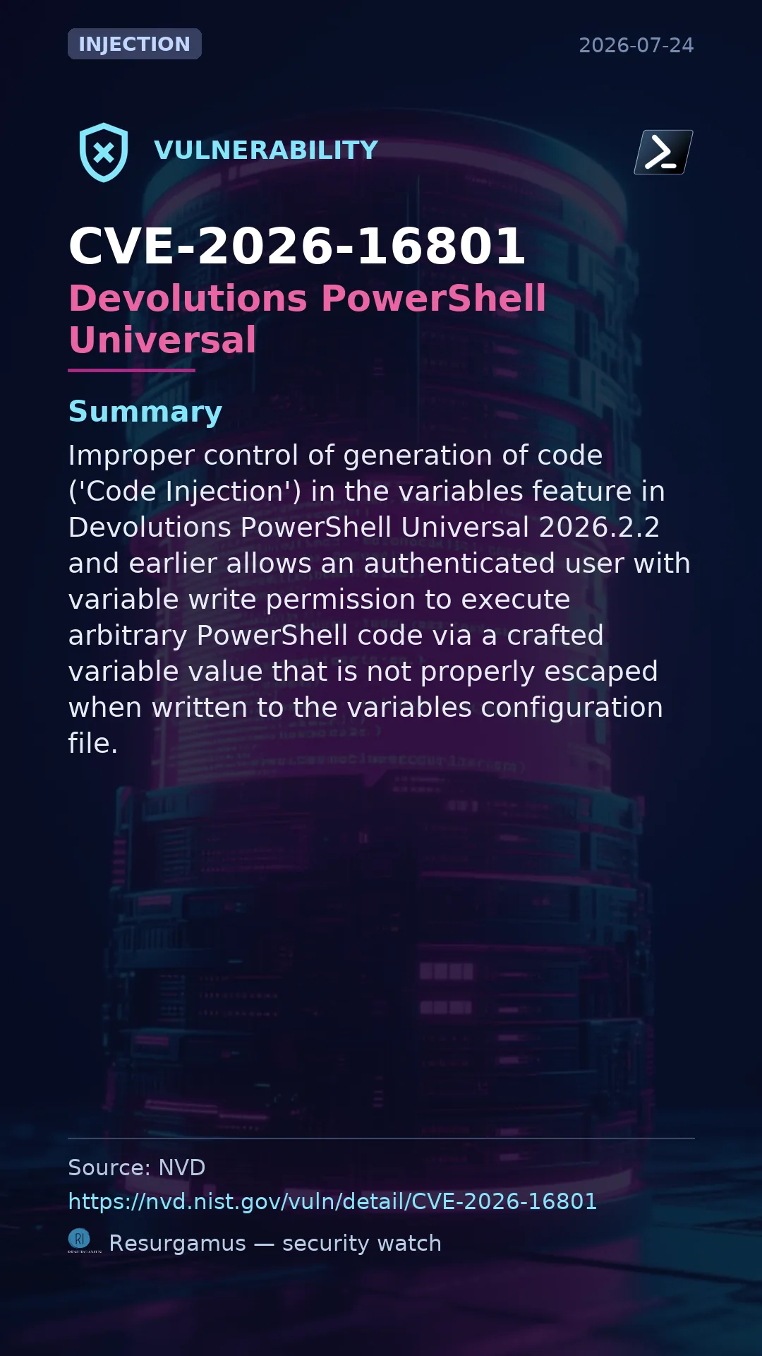 CVE-2026-16801 - Devolutions PowerShell Universal vulnerability