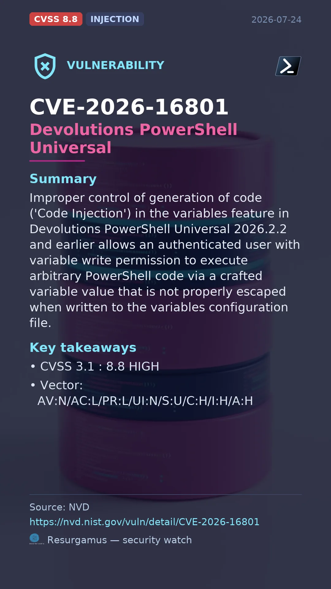 CVE-2026-16801 - Devolutions PowerShell Universal vulnerability
