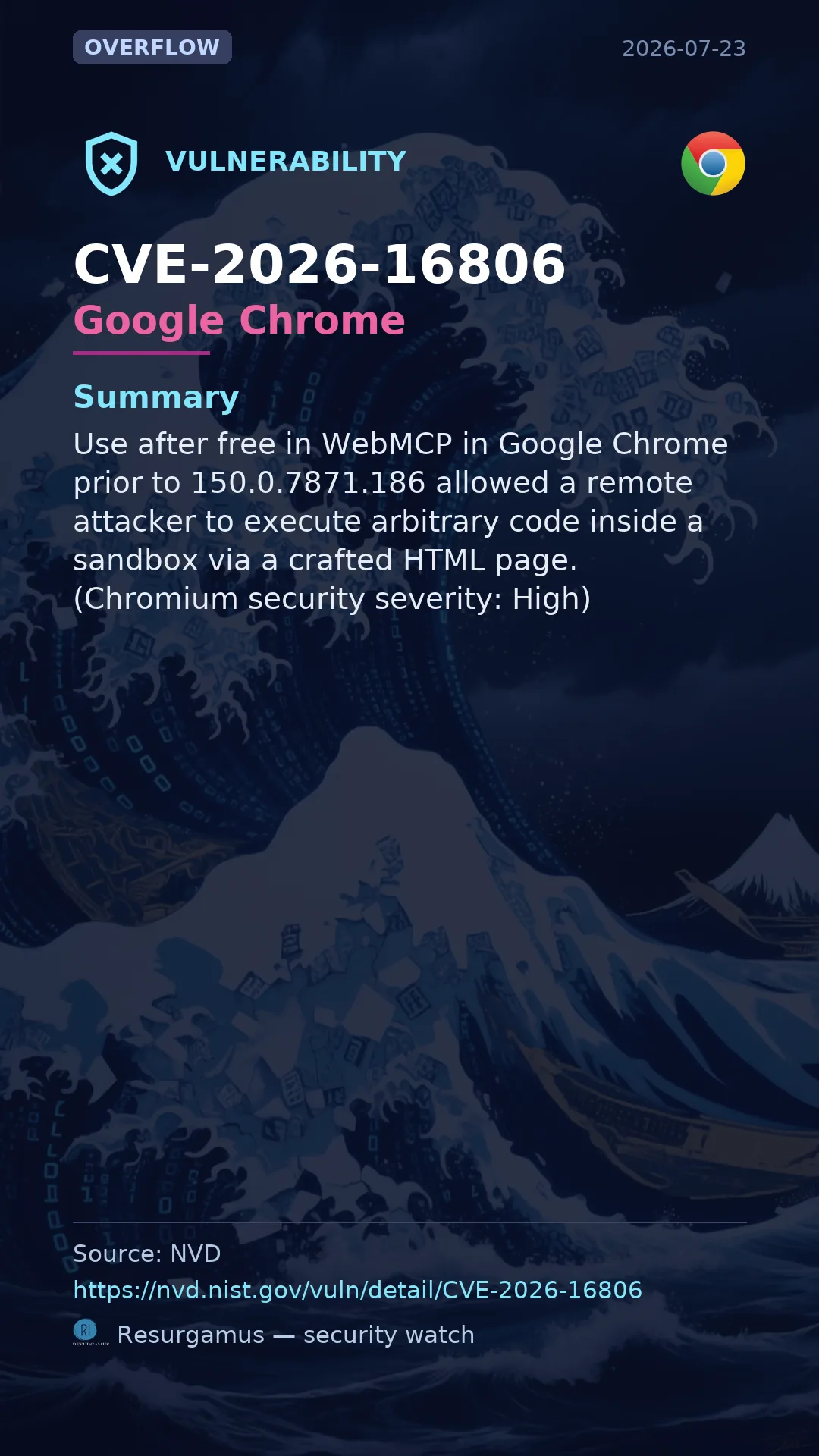 CVE-2026-16806 - Google Chrome vulnerability