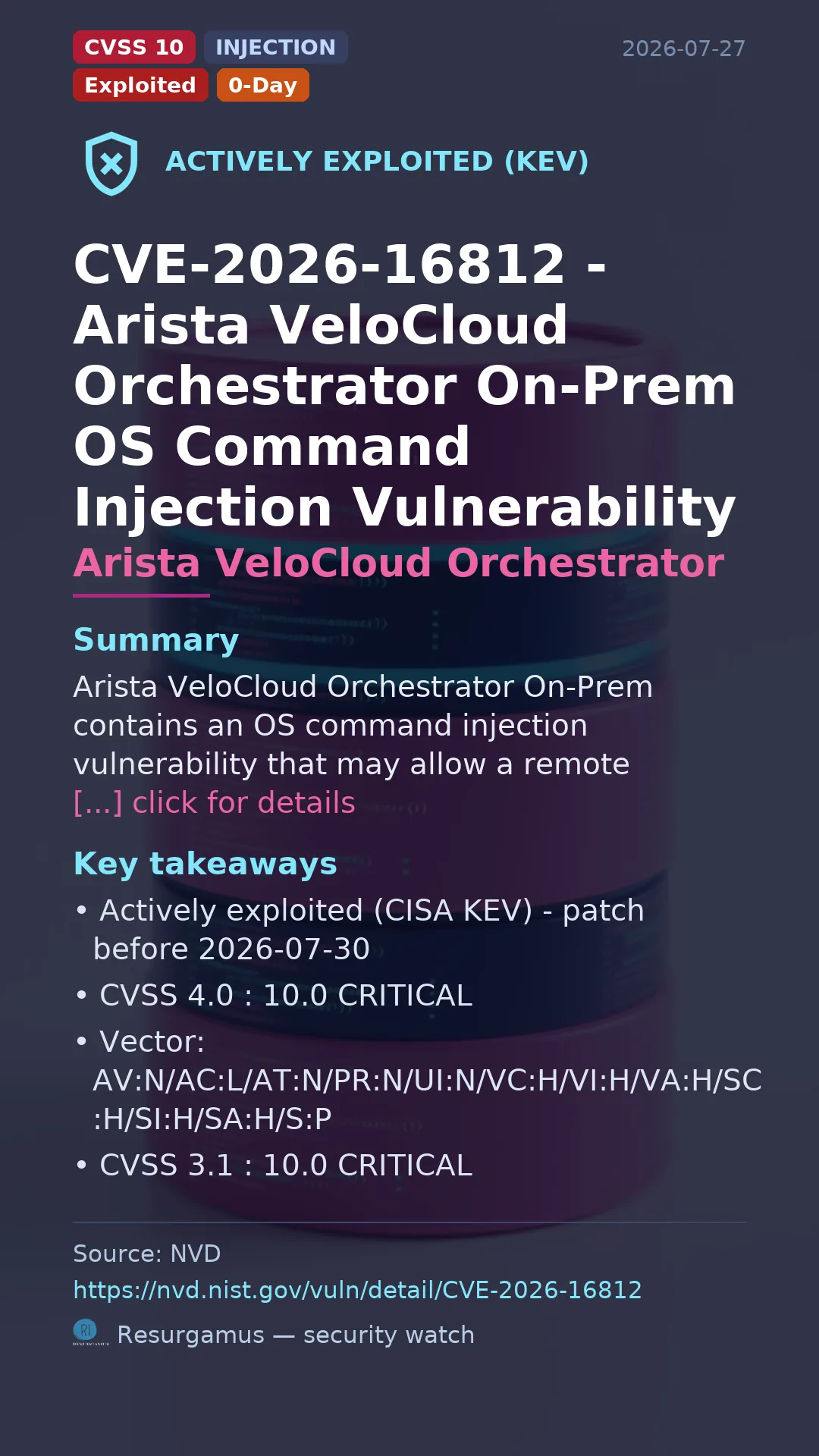 CVE-2026-16812 Arista VeloCloud Orchestrator Actively Exploited (CISA KEV)