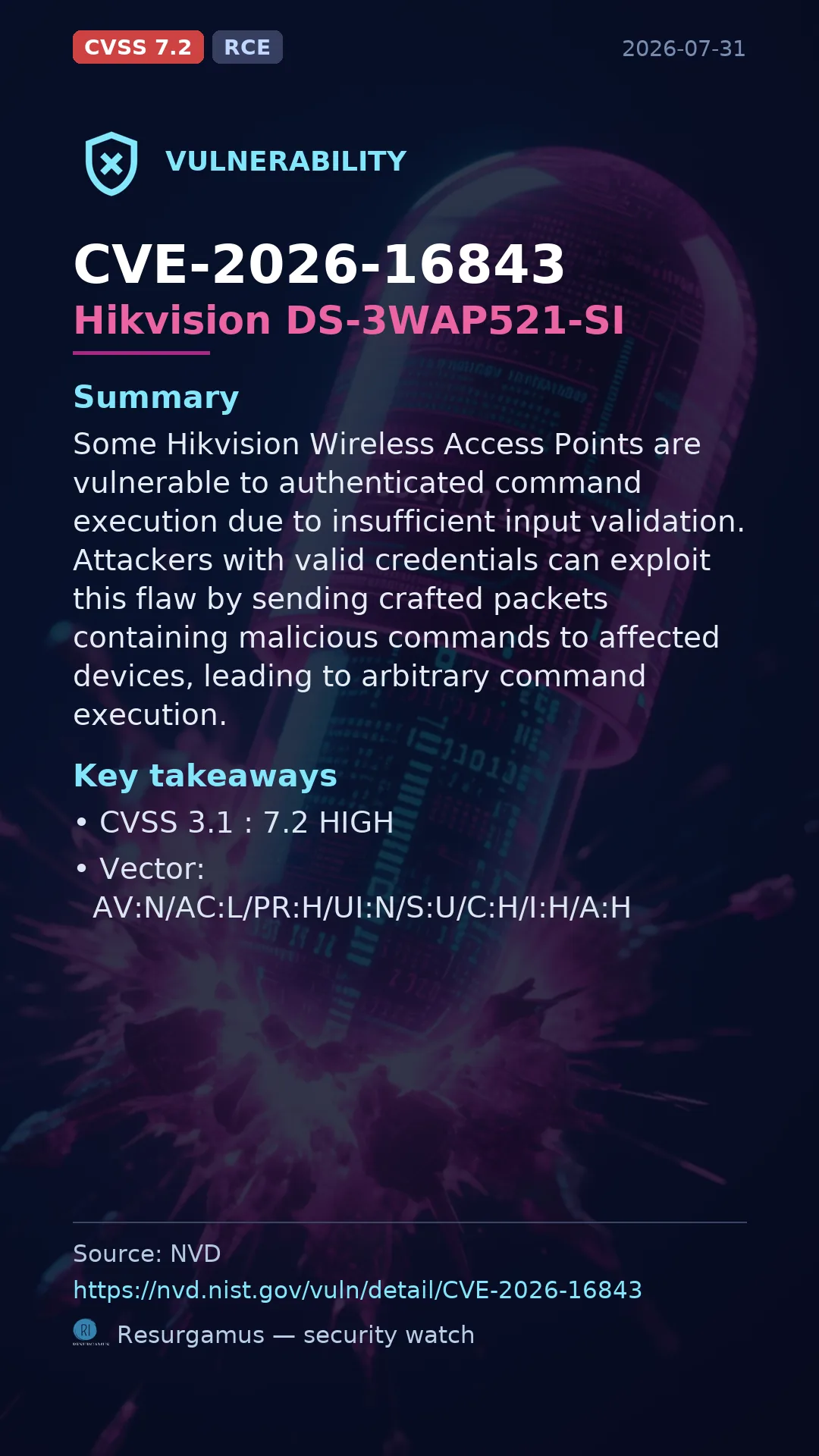CVE-2026-16843 Hikvision DS-3WAP521-SI Vulnerability