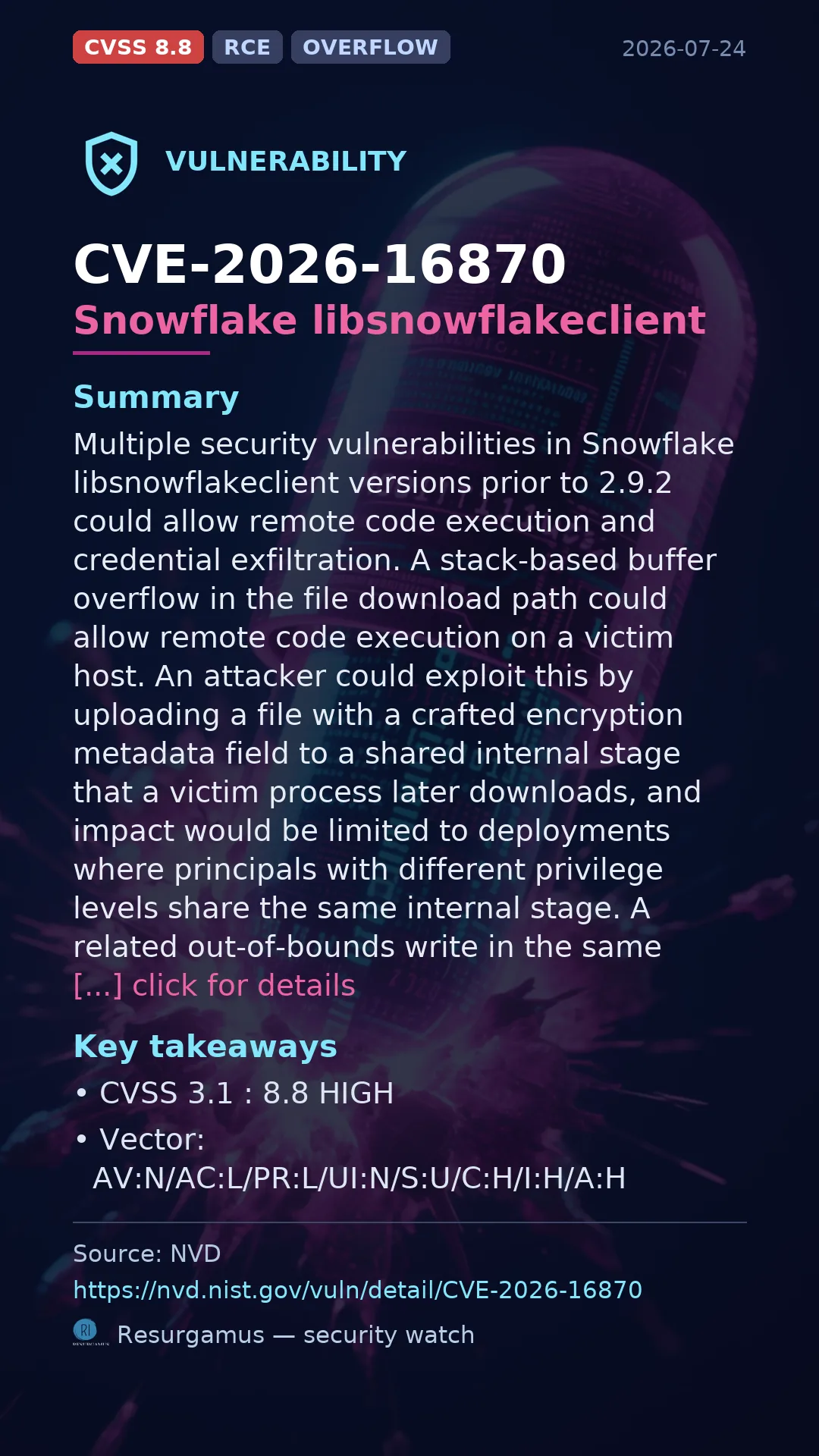CVE-2026-16870 - Snowflake libsnowflakeclient vulnerability