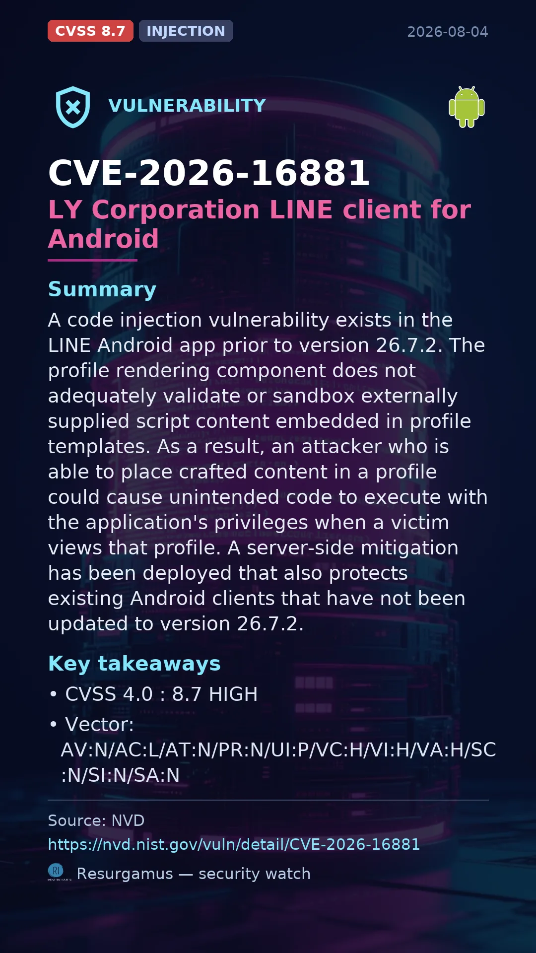 CVE-2026-16881 LY Corporation LINE client for Android Vulnerability
