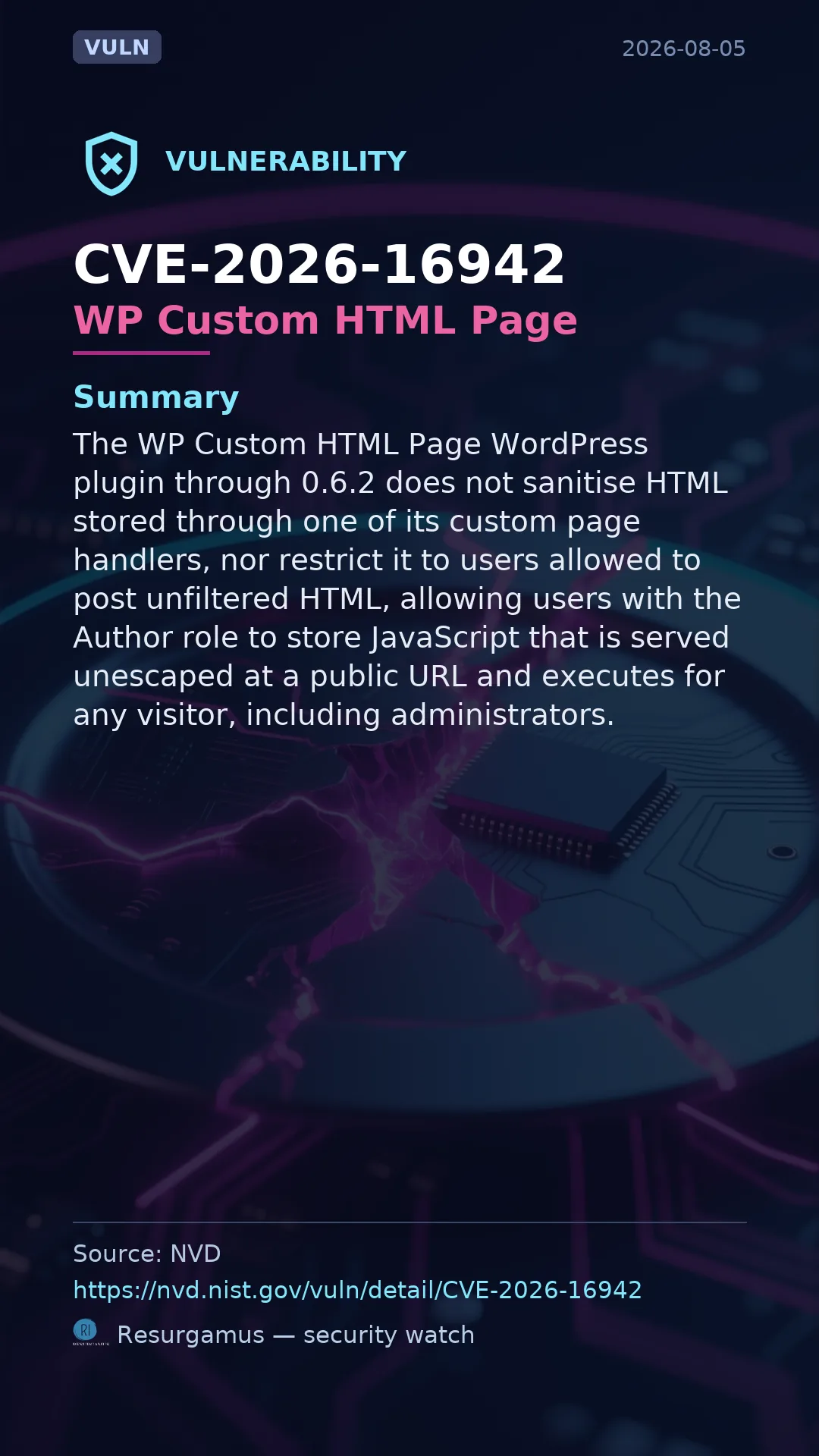 CVE-2026-16942 WP Custom HTML Page Vulnerability