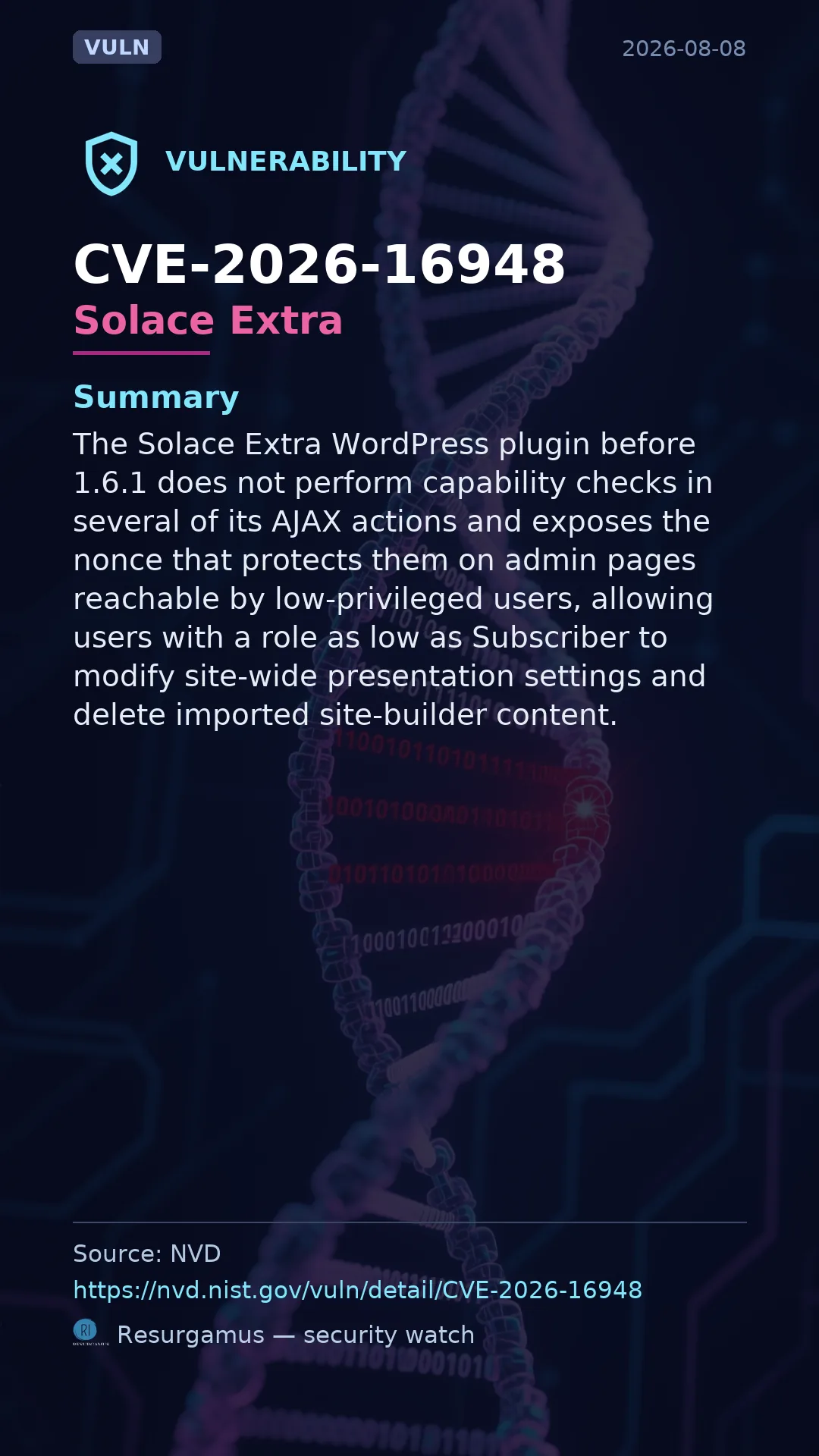 CVE-2026-16948 Solace Extra Vulnerability