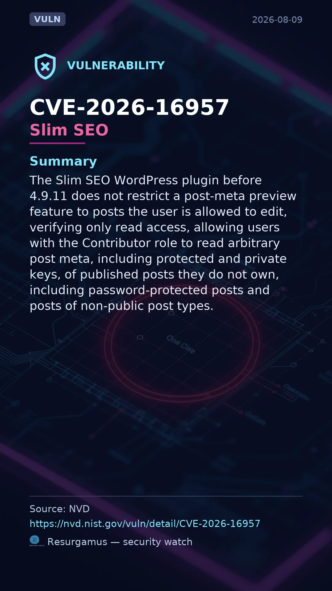 CVE-2026-16957 Slim SEO Vulnerability