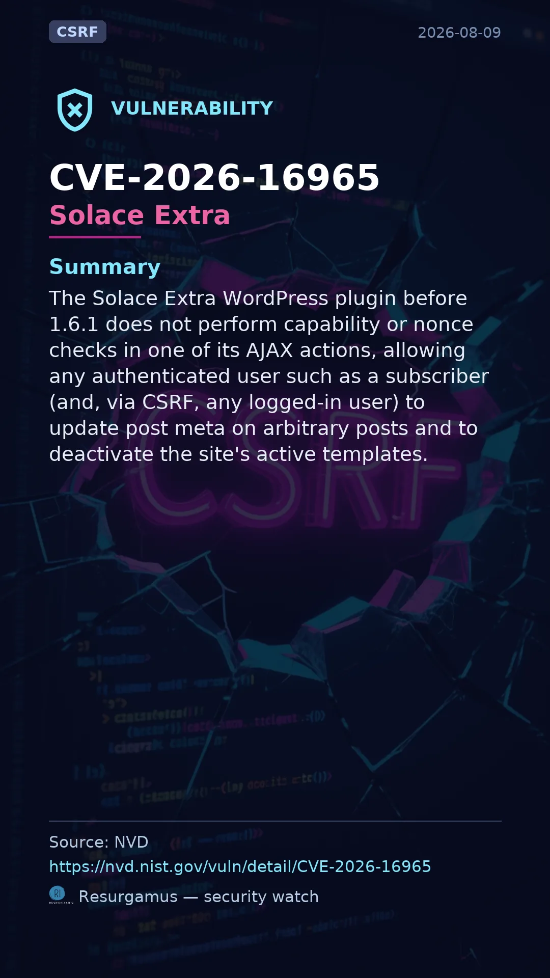 CVE-2026-16965 Solace Extra Vulnerability