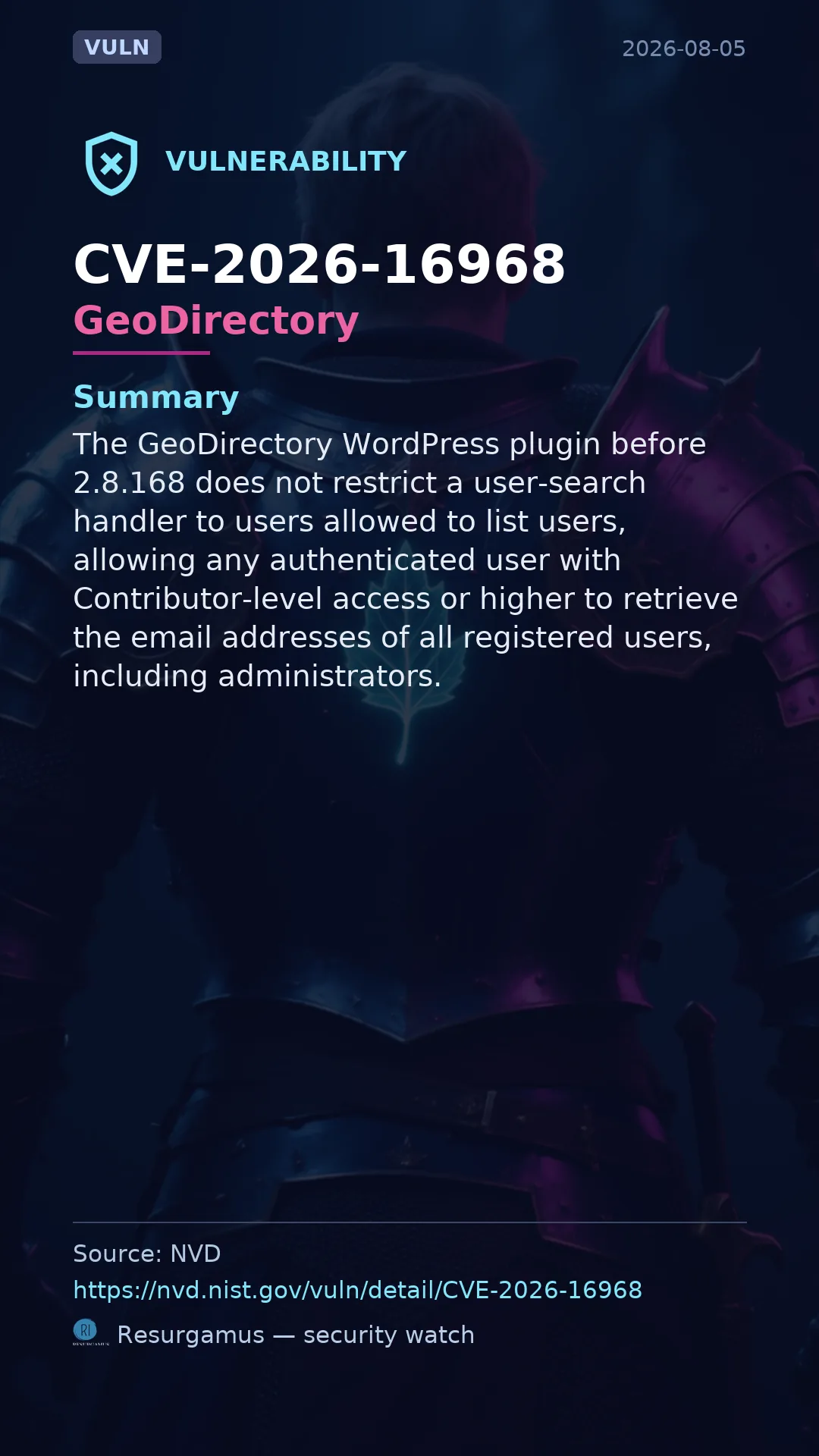 CVE-2026-16968 GeoDirectory Vulnerability