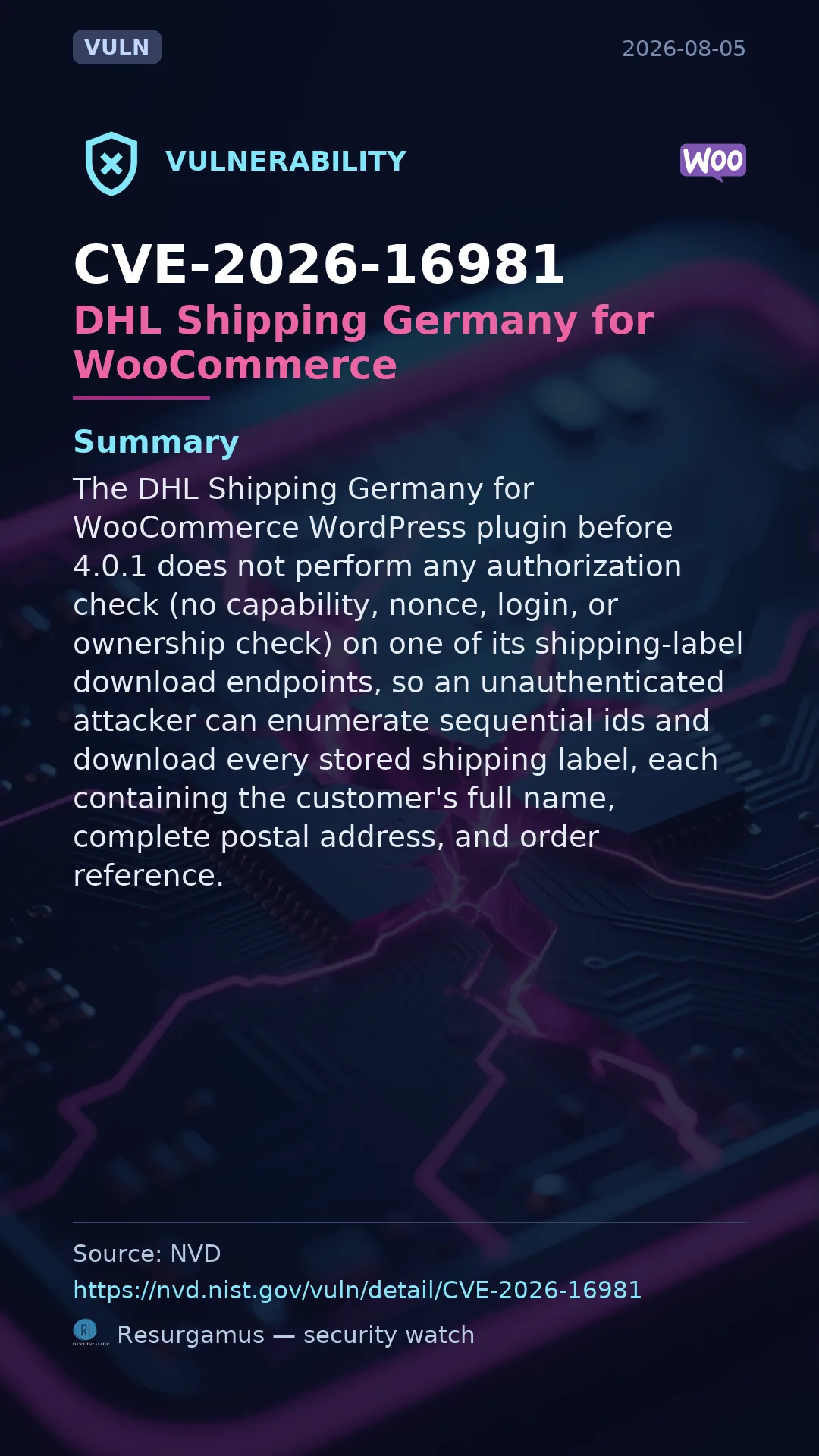 CVE-2026-16981 DHL Shipping Germany for WooCommerce Vulnerability
