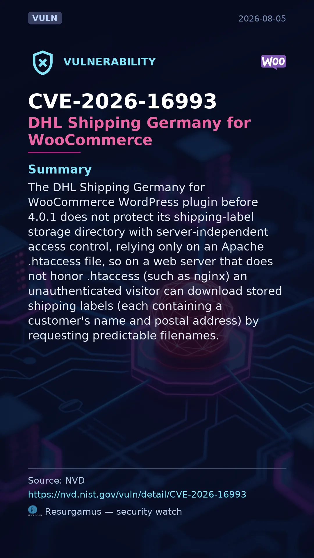 CVE-2026-16993 DHL Shipping Germany for WooCommerce Vulnerability