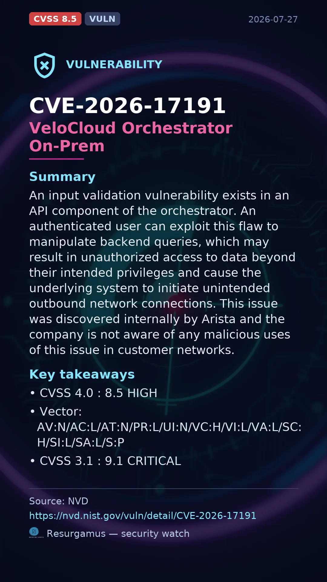 CVE-2026-17191 VeloCloud Orchestrator On-Prem Vulnerability