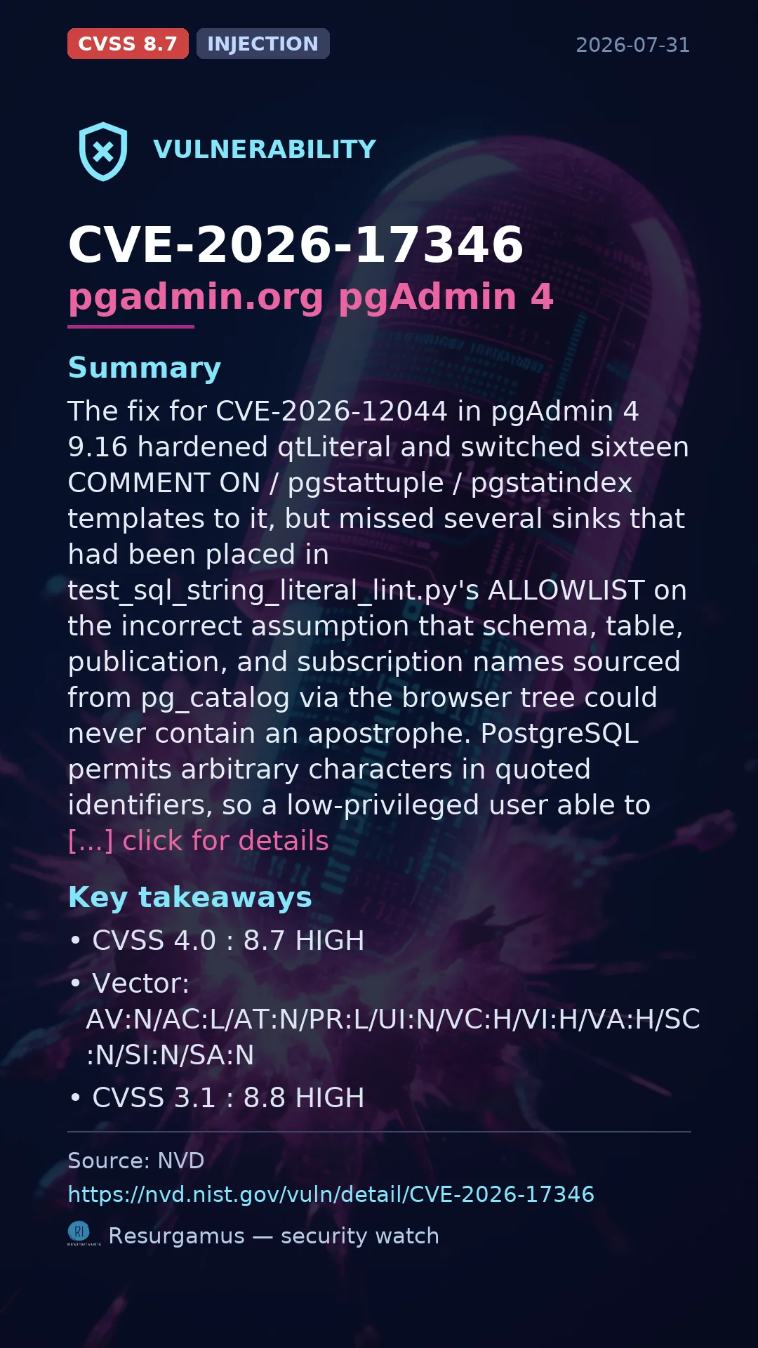 CVE-2026-17346 pgadmin.org pgAdmin 4 Vulnerability