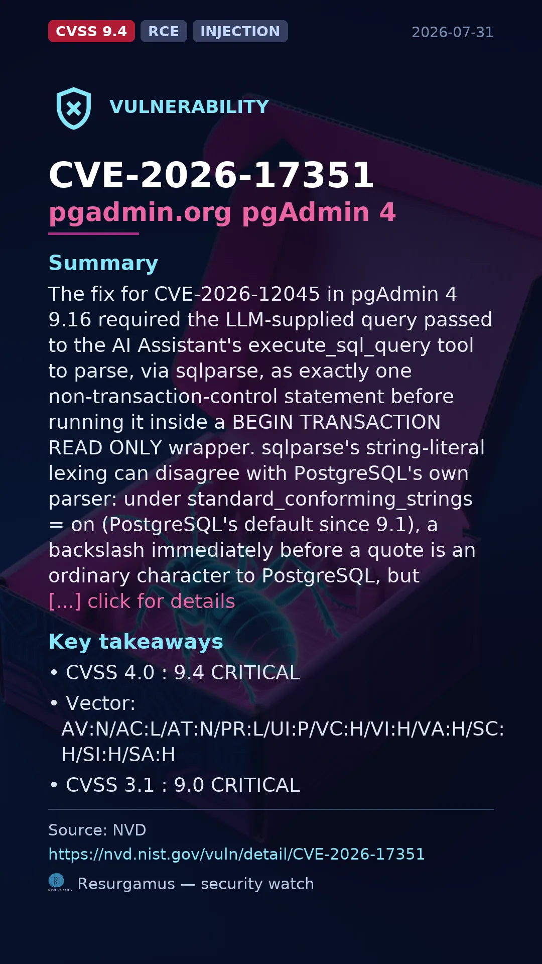 CVE-2026-17351 pgadmin.org pgAdmin 4 Vulnerability
