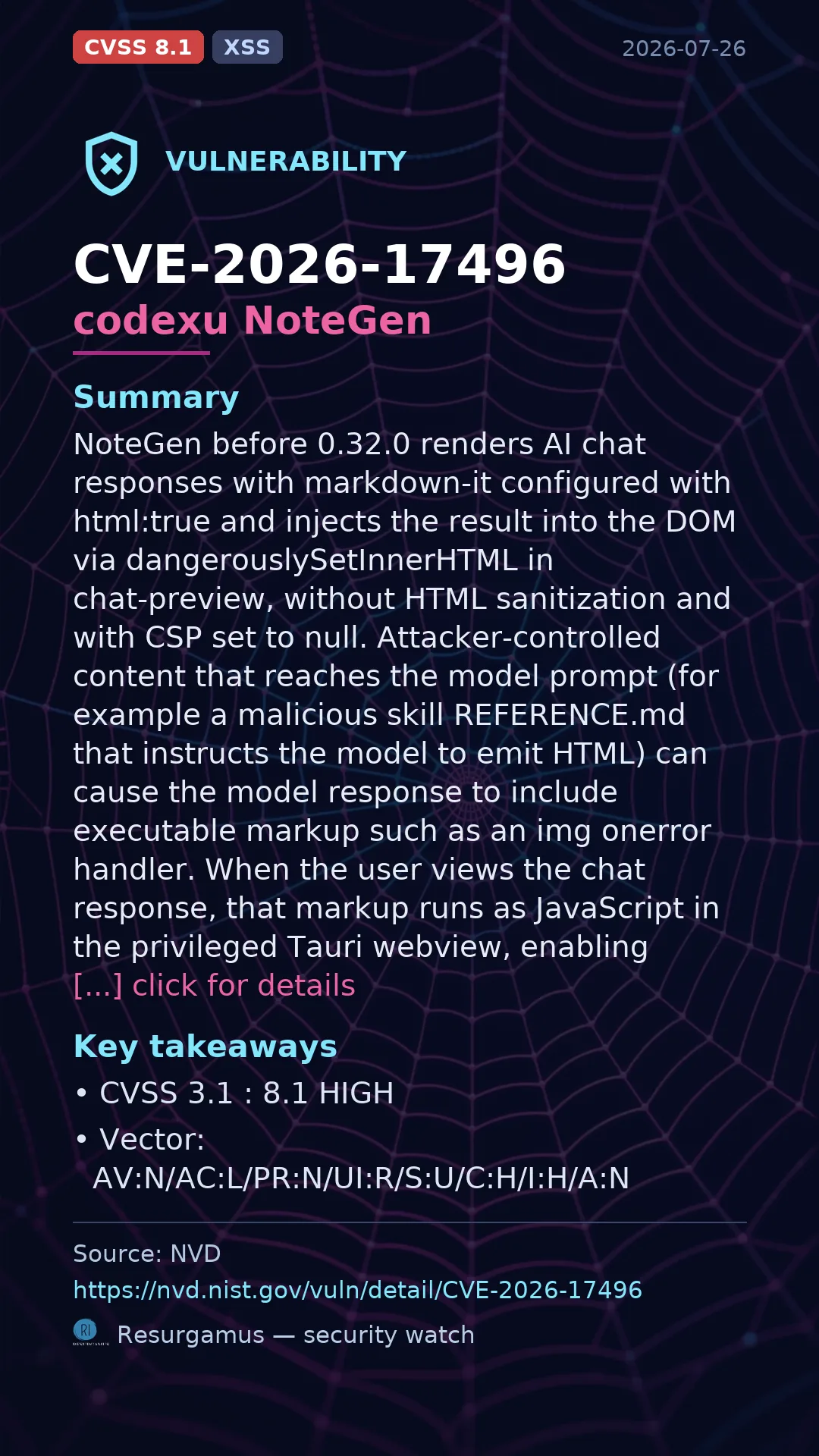 CVE-2026-17496 - codexu NoteGen vulnerability