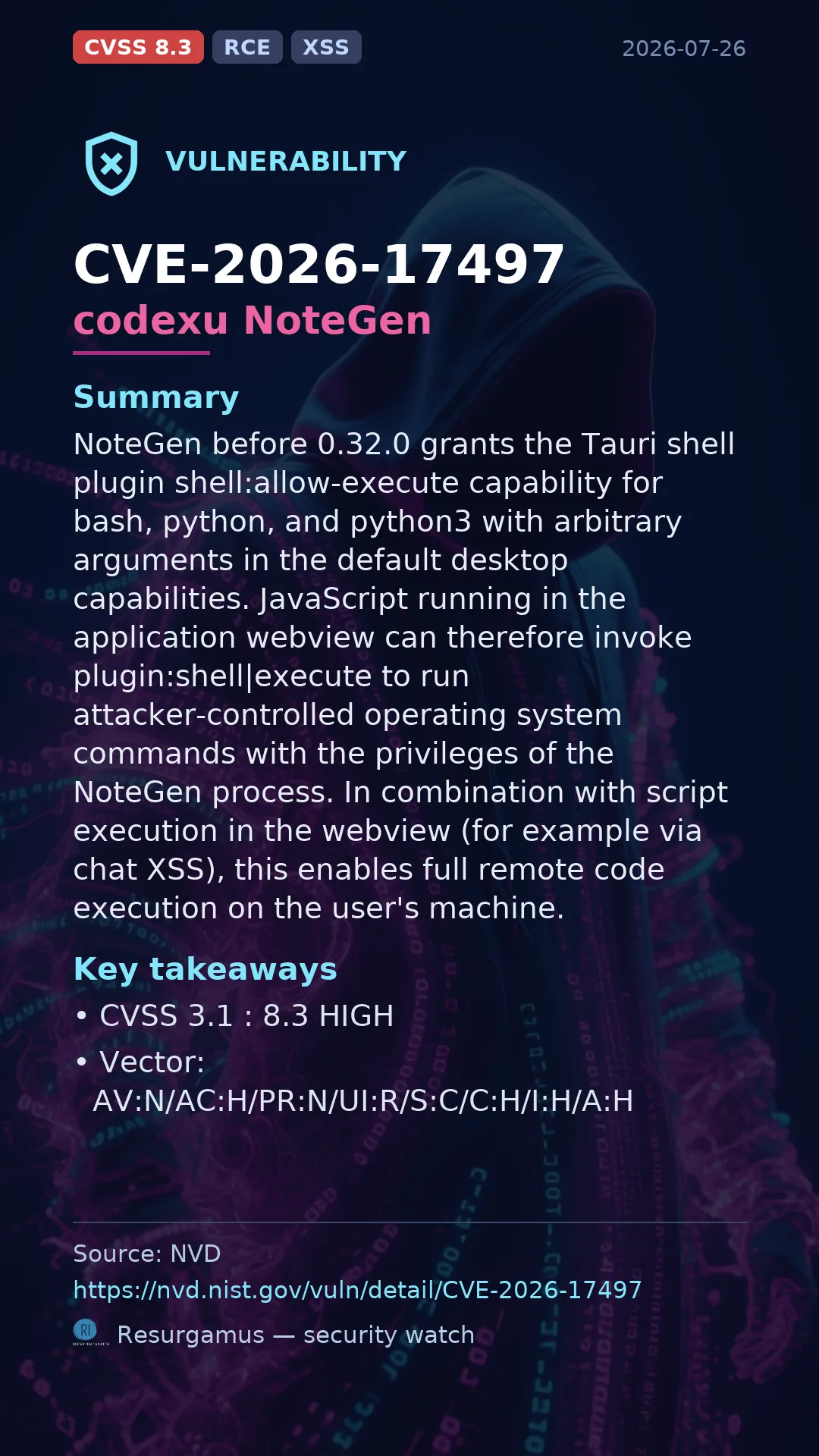 CVE-2026-17497 - codexu NoteGen vulnerability