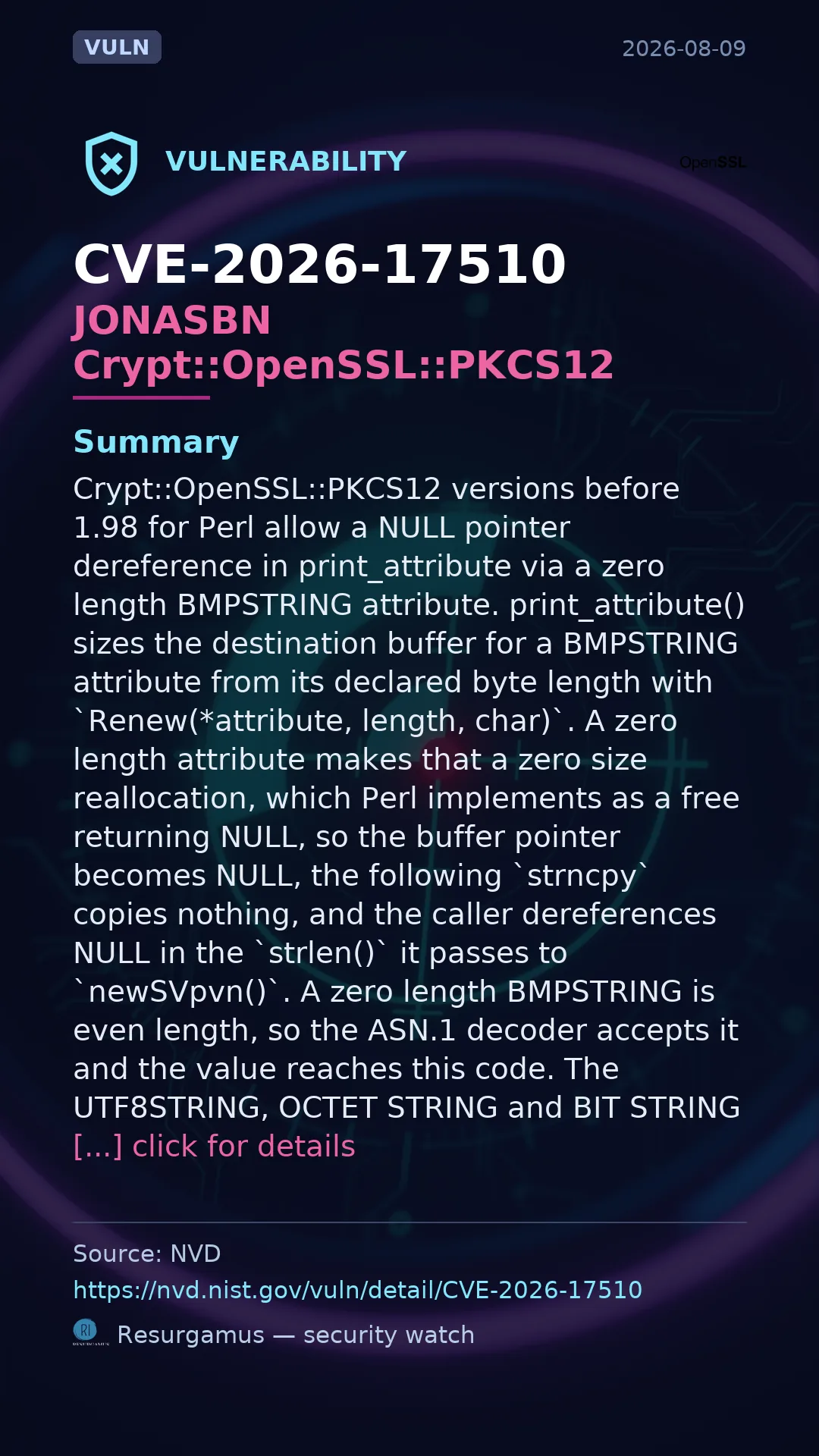 CVE-2026-17510 JONASBN Crypt::OpenSSL::PKCS12 Vulnerability