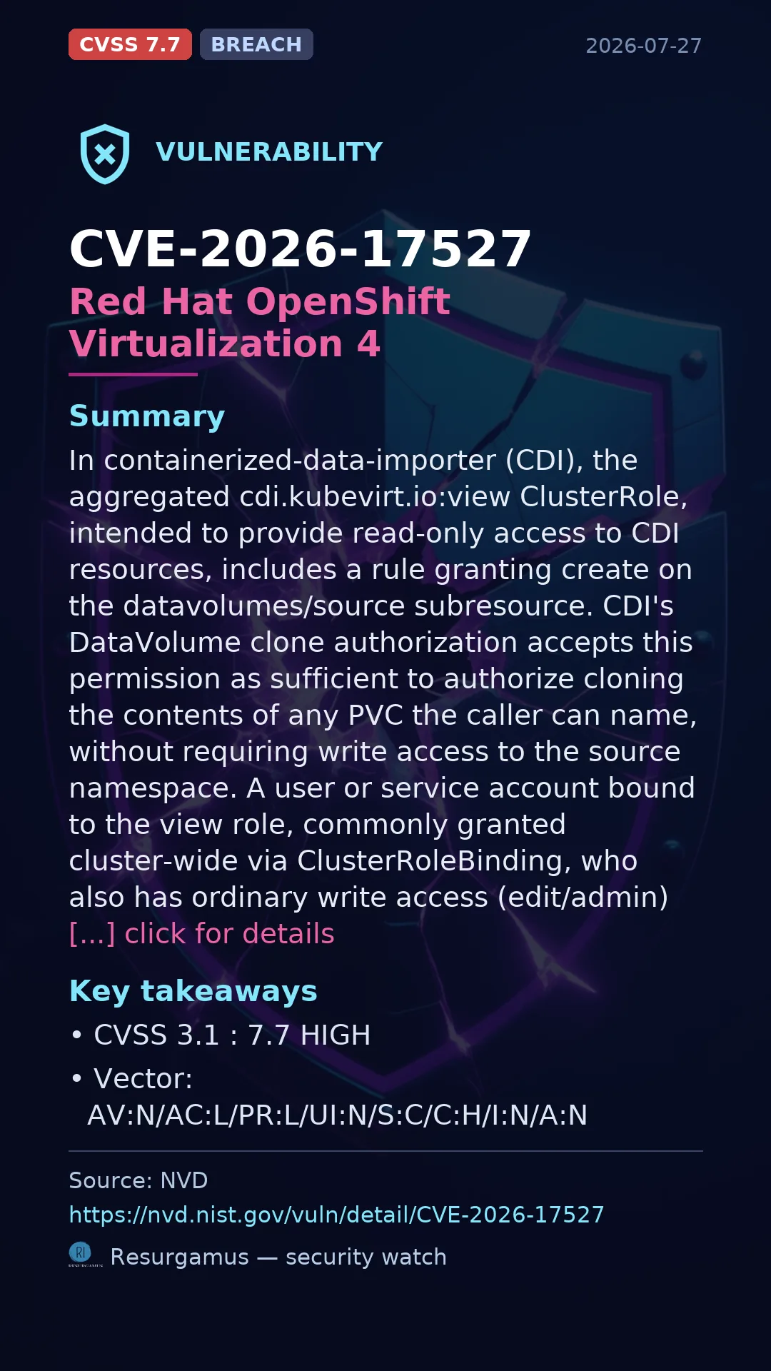 CVE-2026-17527 - Red Hat OpenShift Virtualization 4 vulnerability