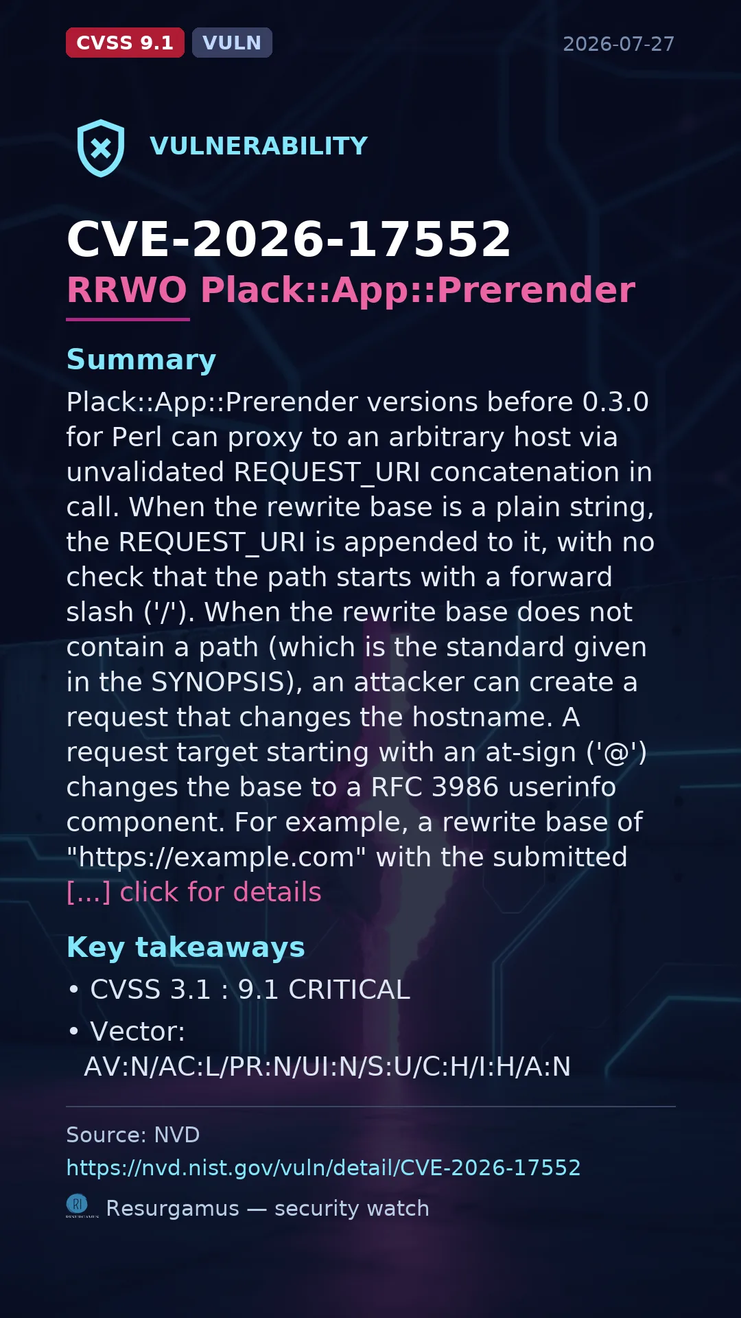 CVE-2026-17552 RRWO Plack::App::Prerender Vulnerability