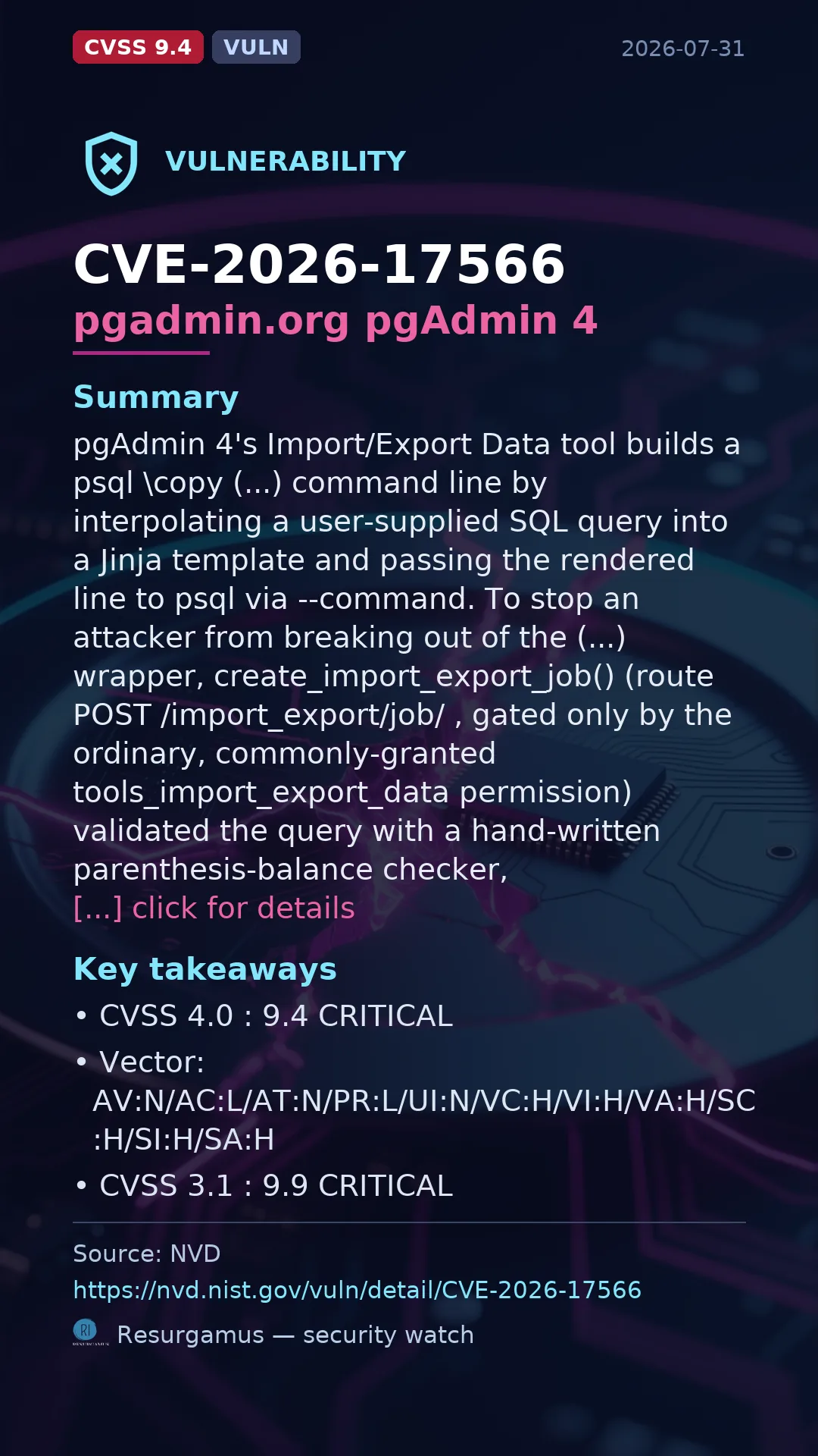 CVE-2026-17566 pgadmin.org pgAdmin 4 Vulnerability