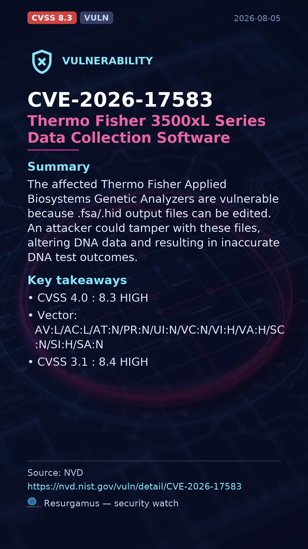 CVE-2026-17583 Thermo Fisher 3500xL Series Data Collection Software Vulnerability