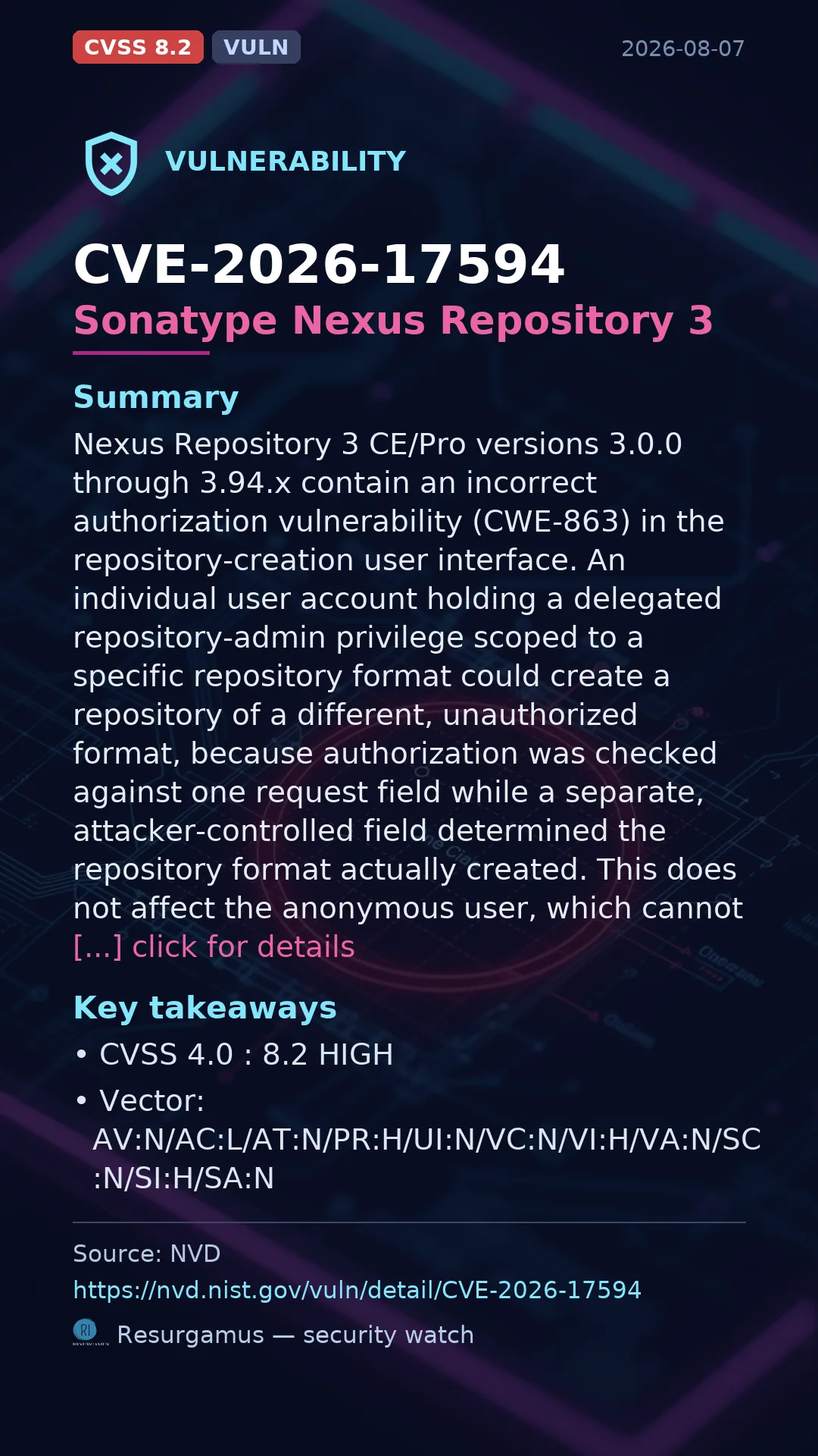 CVE-2026-17594 Sonatype Nexus Repository 3 Vulnerability
