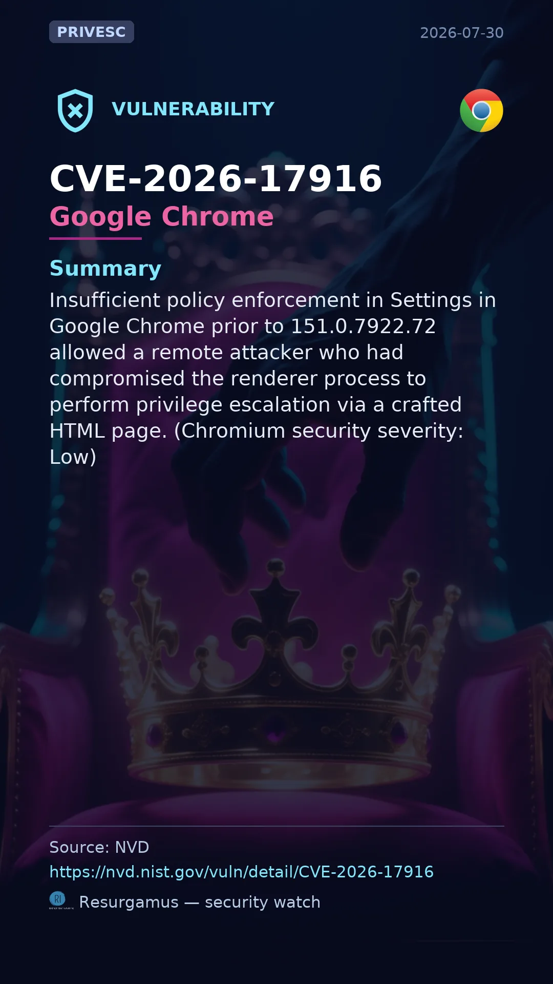 CVE-2026-17916 Google Chrome Vulnerability