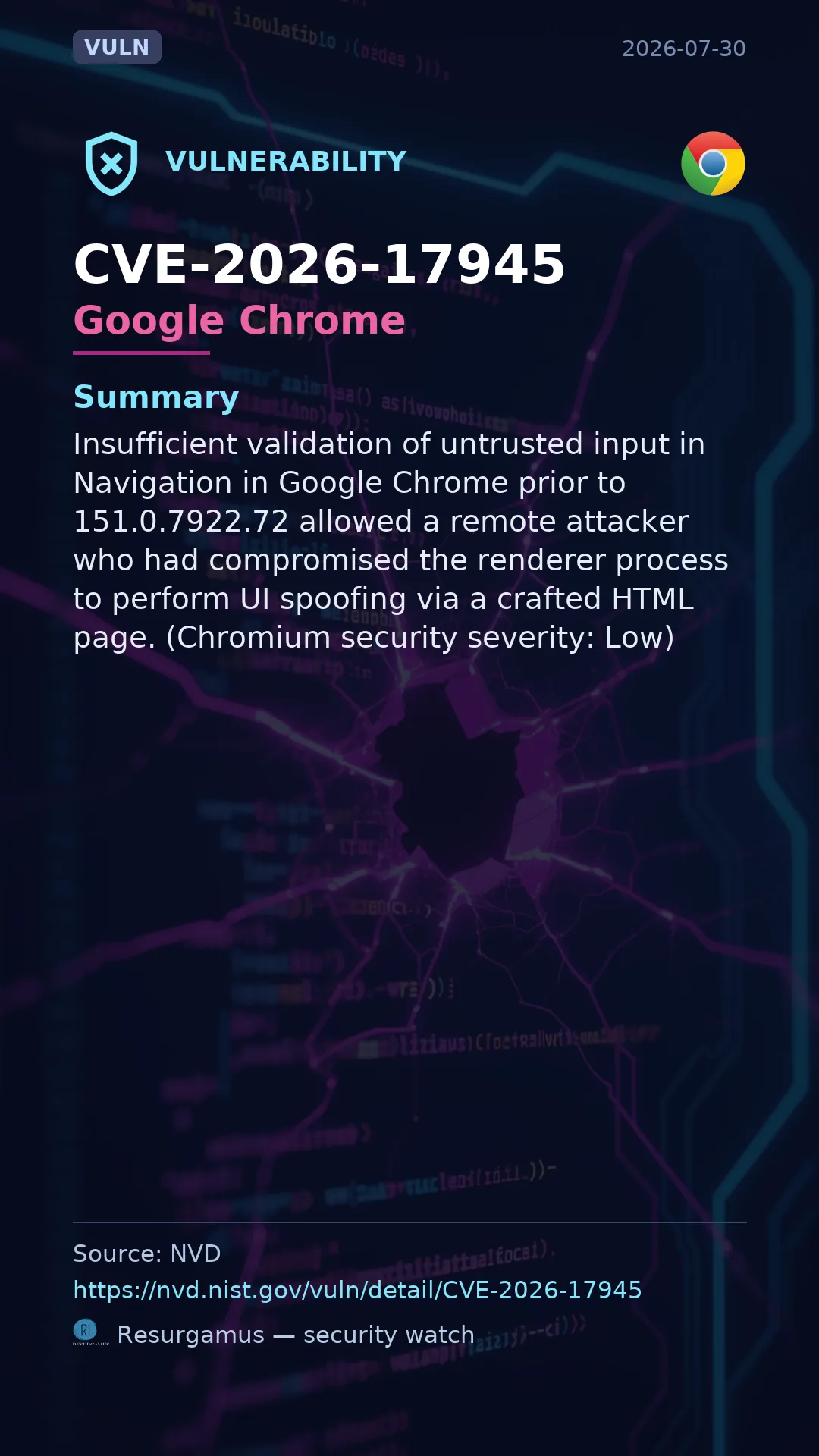 CVE-2026-17945 Google Chrome Vulnerability
