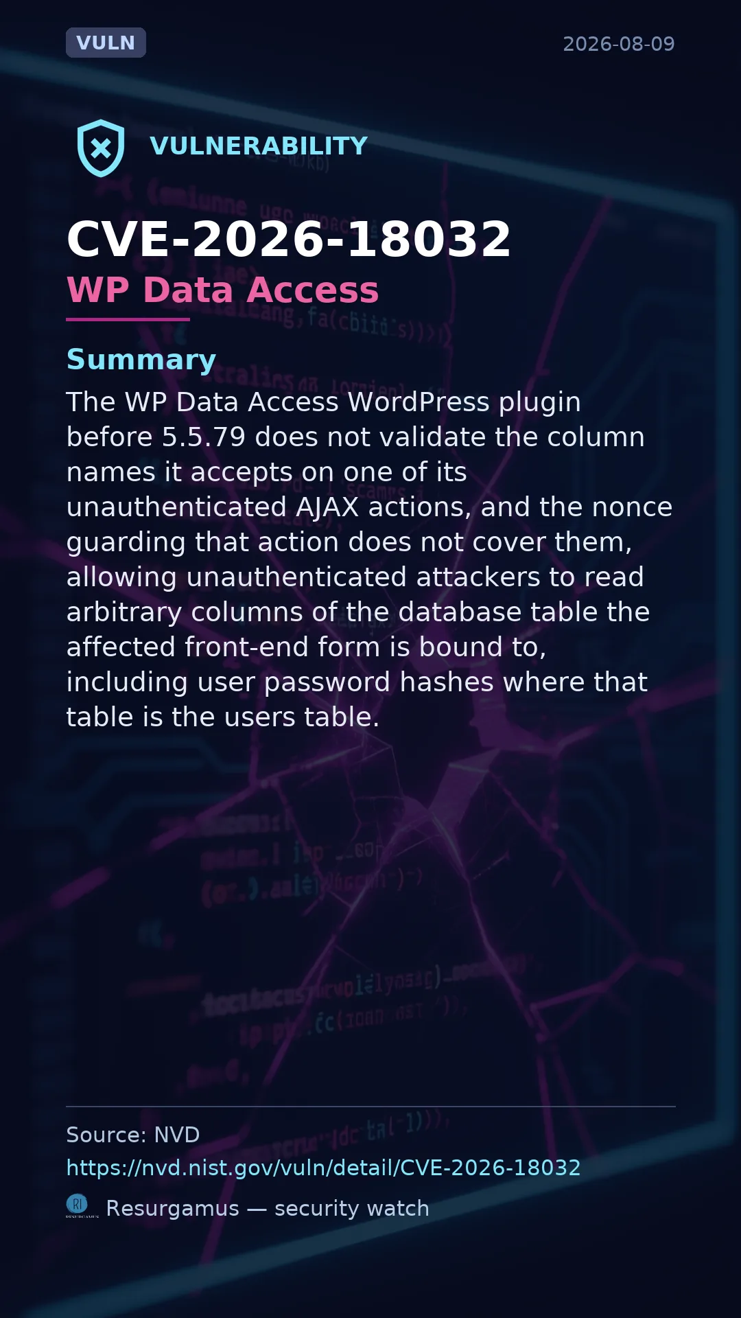 CVE-2026-18032 WP Data Access Vulnerability