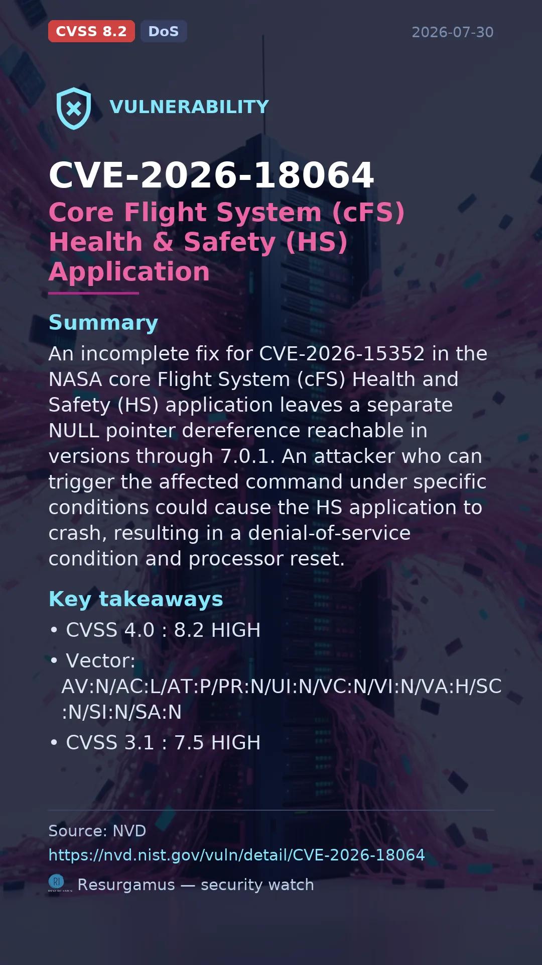 CVE-2026-18064 Core Flight System (cFS) Health & Safety (HS) Application Vulnerability