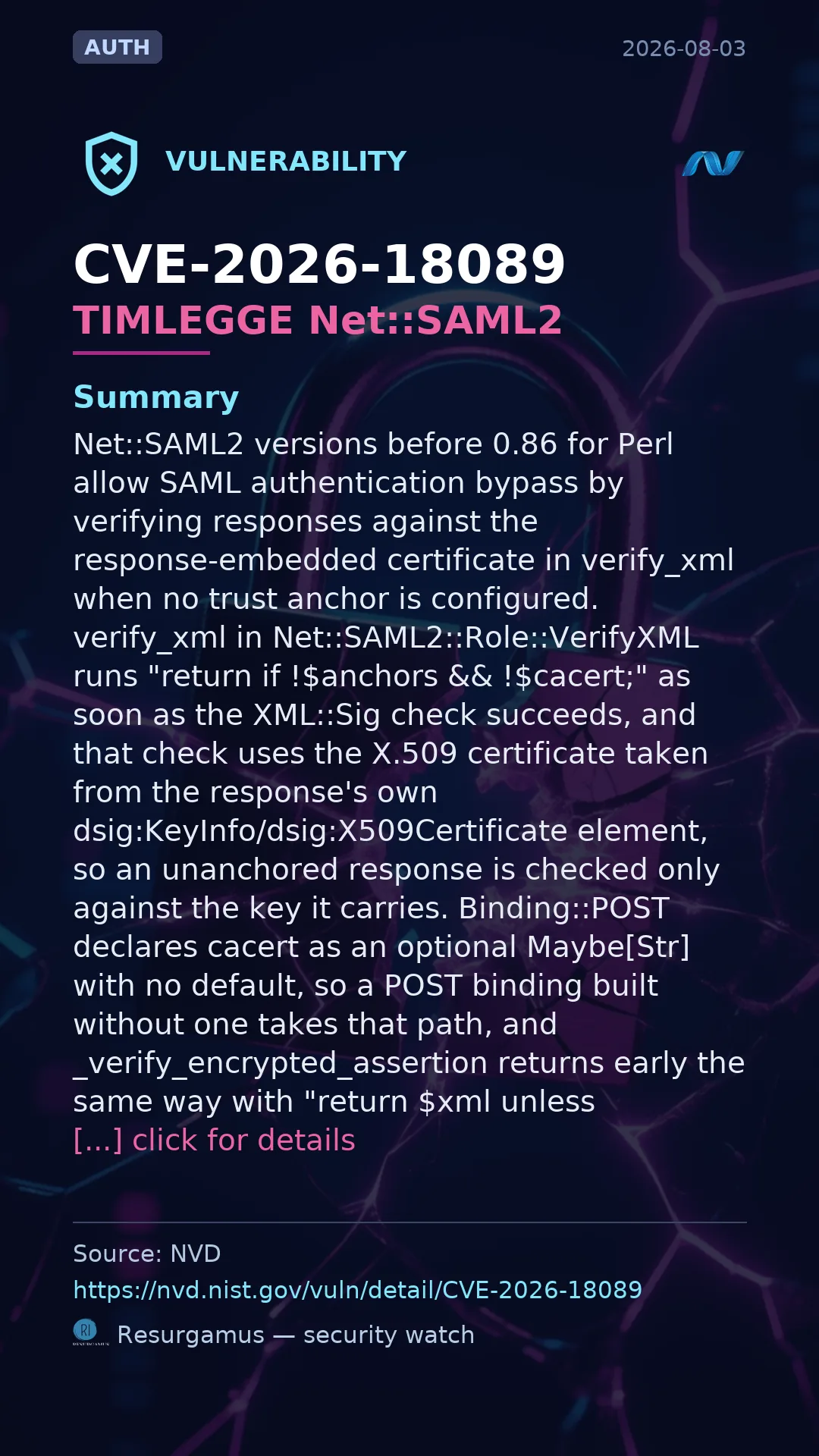 CVE-2026-18089 TIMLEGGE Net::SAML2 Vulnerability