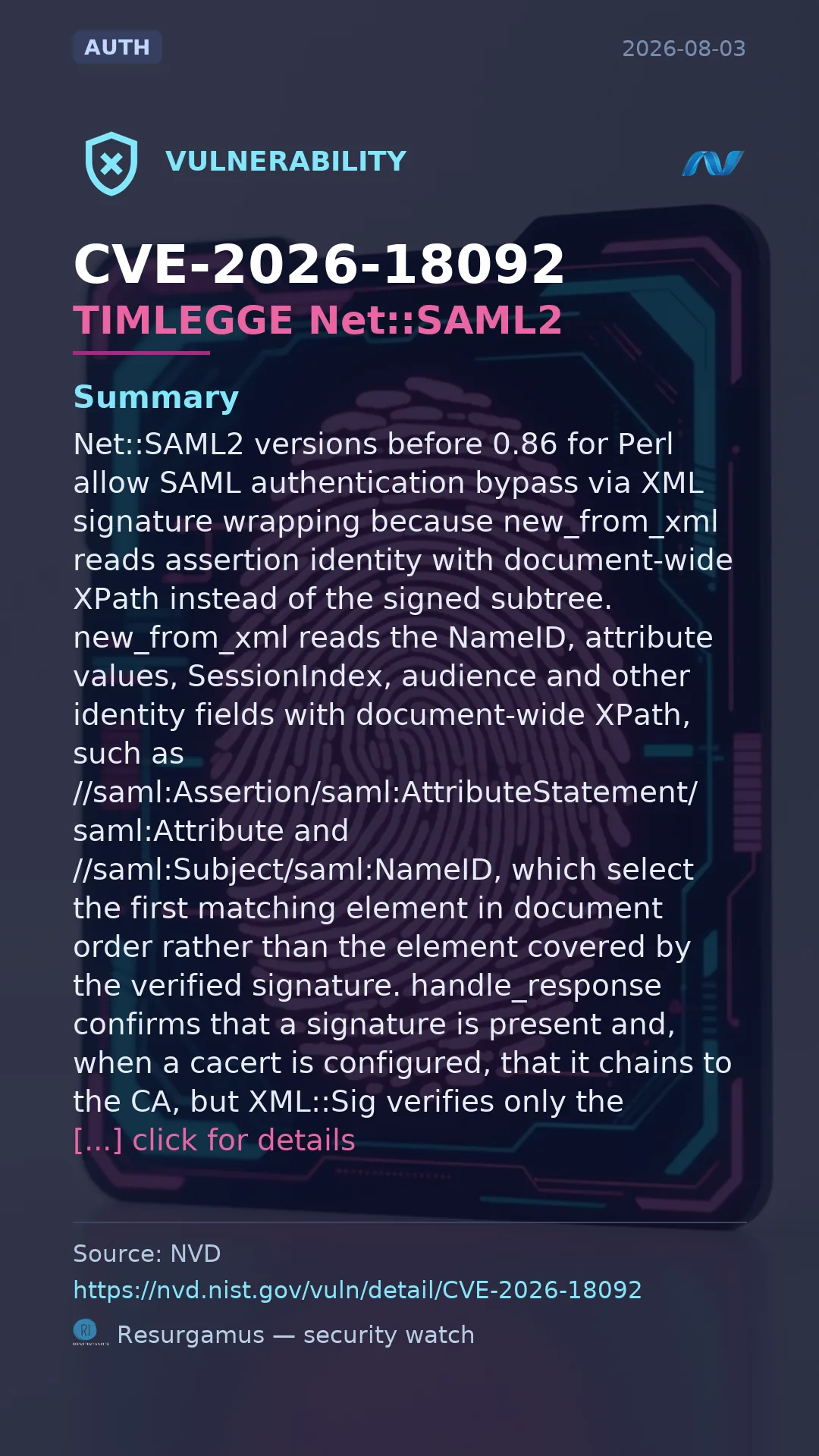 CVE-2026-18092 TIMLEGGE Net::SAML2 Vulnerability