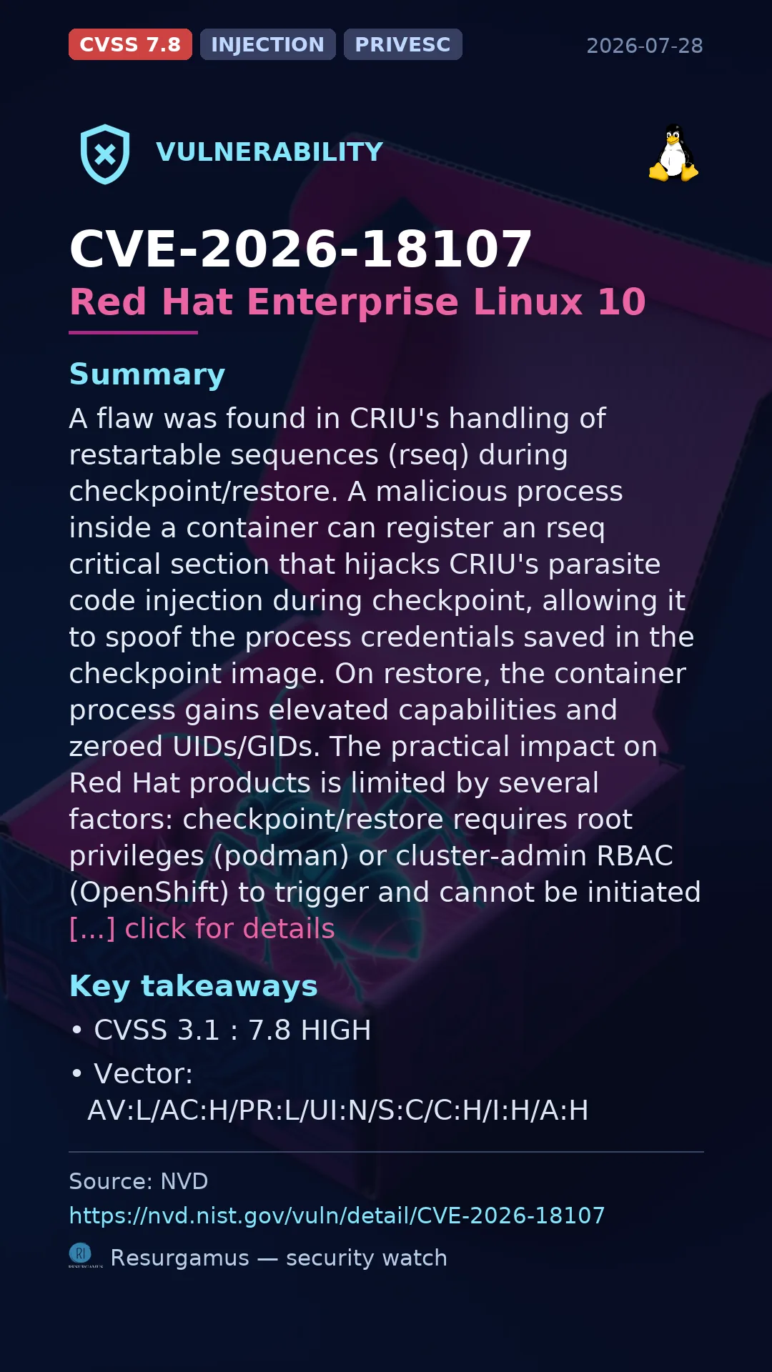 CVE-2026-18107 Red Hat Enterprise Linux 10 Vulnerability