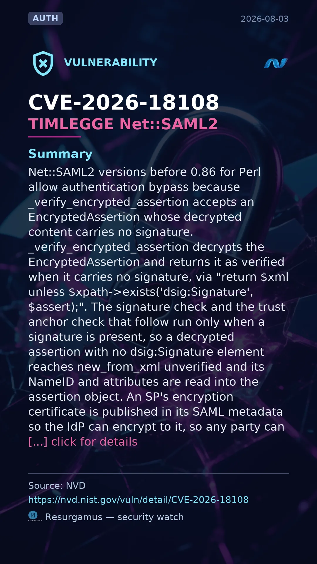 CVE-2026-18108 TIMLEGGE Net::SAML2 Vulnerability
