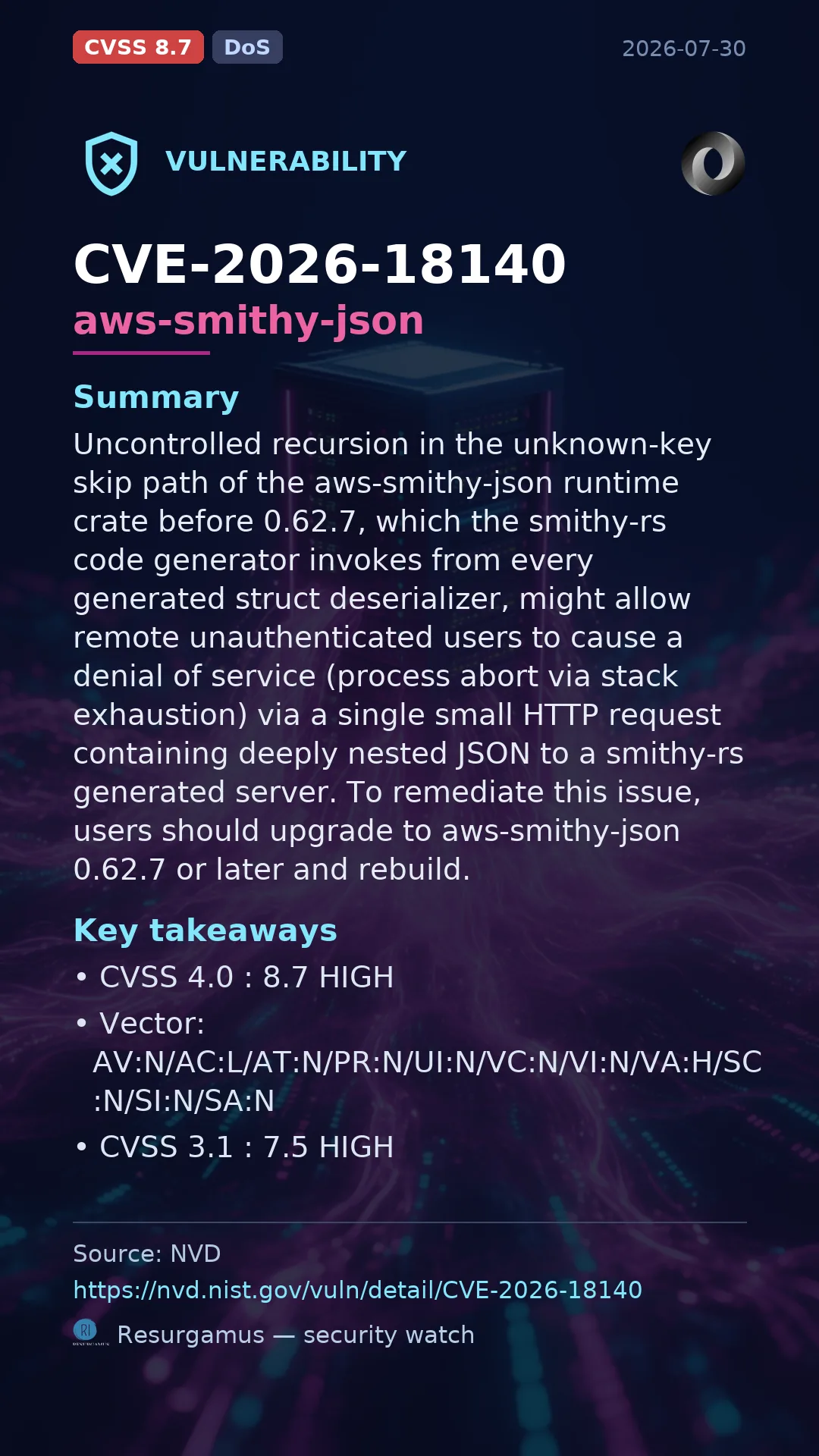 CVE-2026-18140 aws-smithy-json Vulnerability