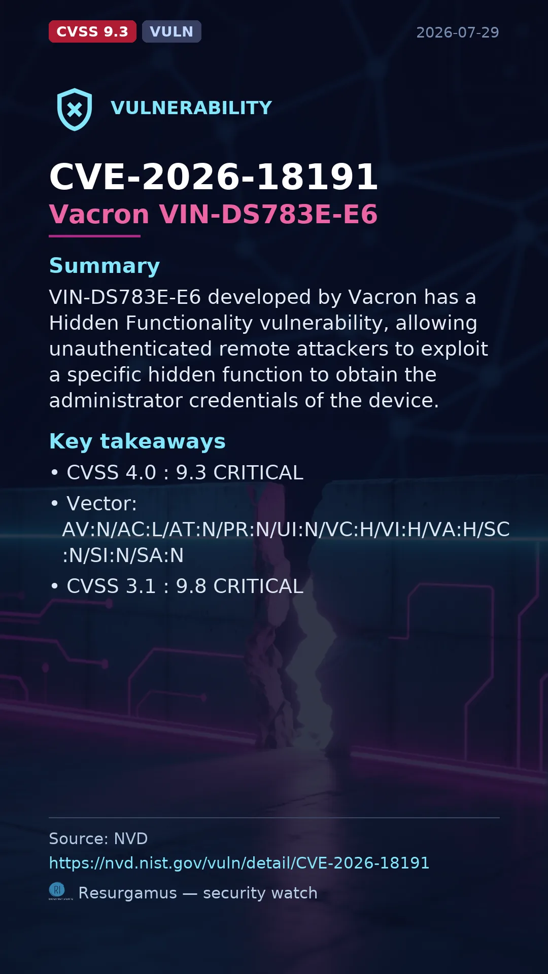 CVE-2026-18191 Vacron VIN-DS783E-E6 Vulnerability