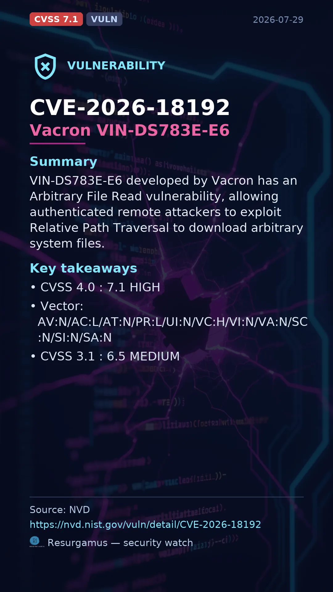 CVE-2026-18192 Vacron VIN-DS783E-E6 Vulnerability