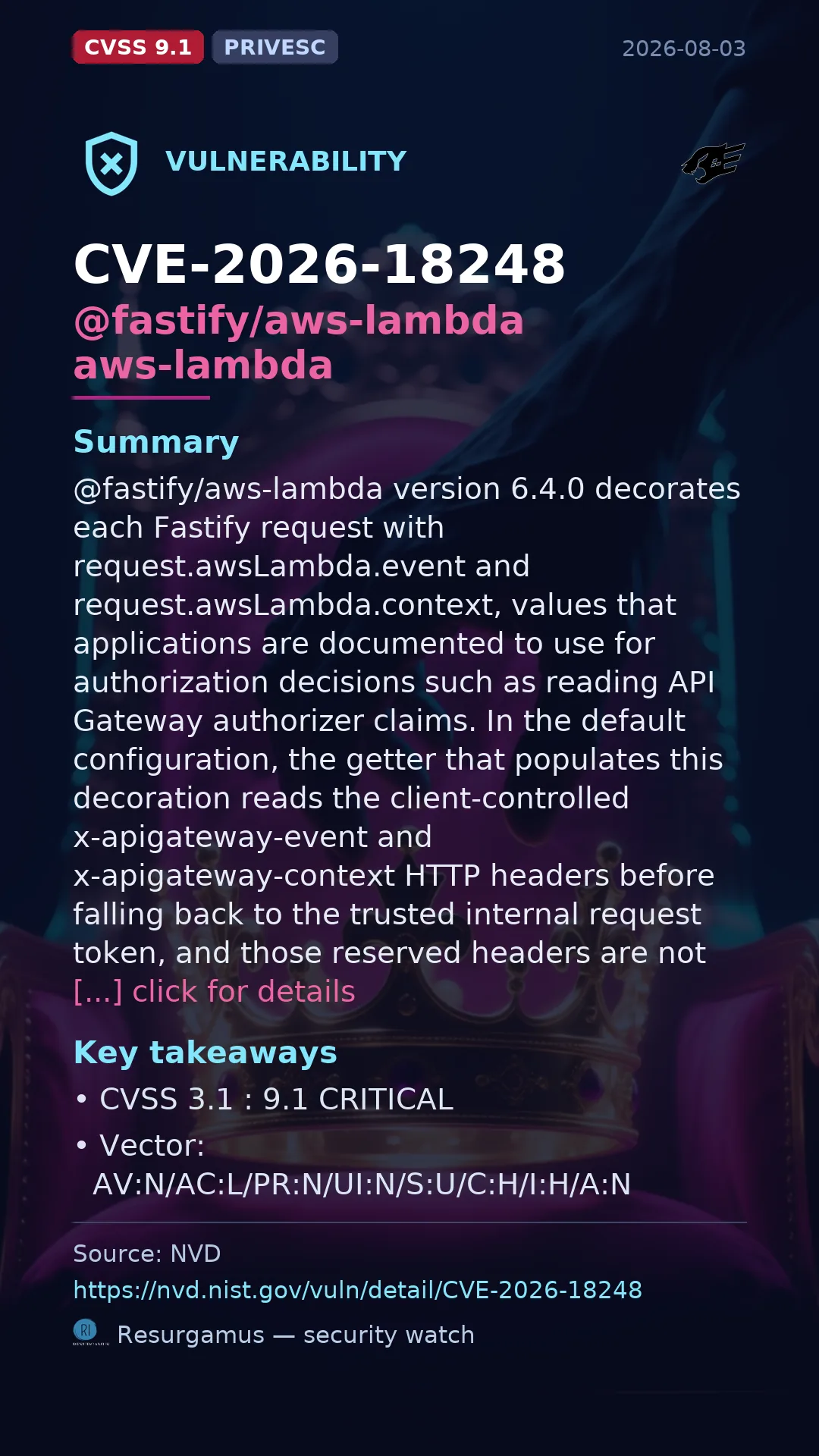 CVE-2026-18248 @fastify/aws-lambda aws-lambda Vulnerability