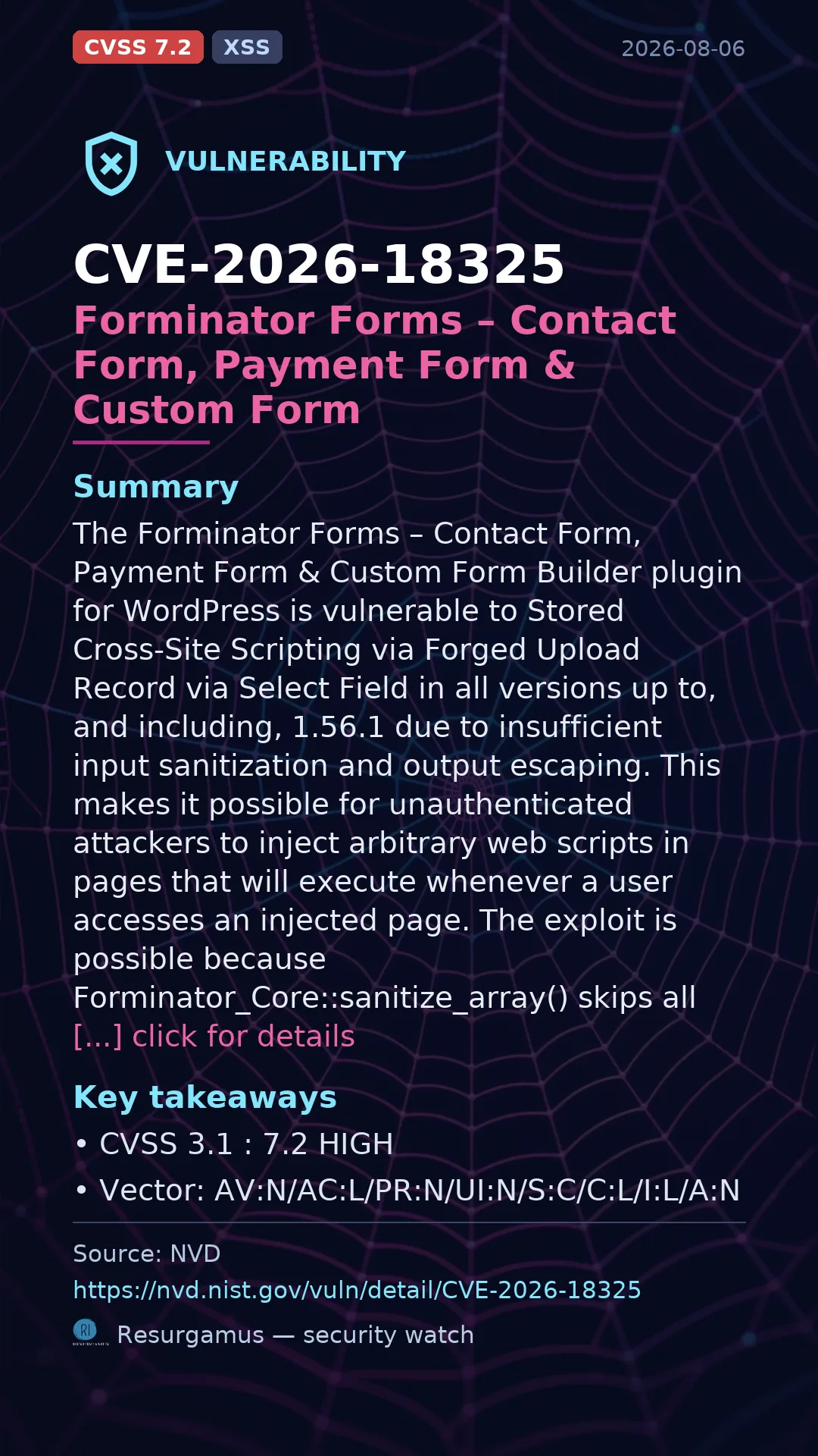 CVE-2026-18325 Forminator Forms – Contact Form, Payment Form & Custom Form  Vulnerability