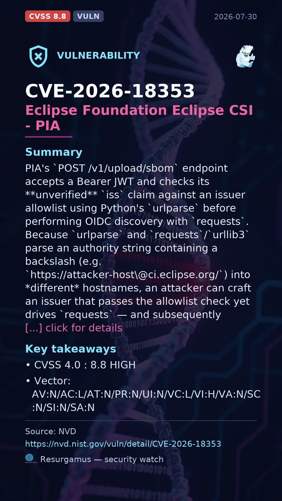 CVE-2026-18353 Eclipse Foundation Eclipse CSI - PIA Vulnerability