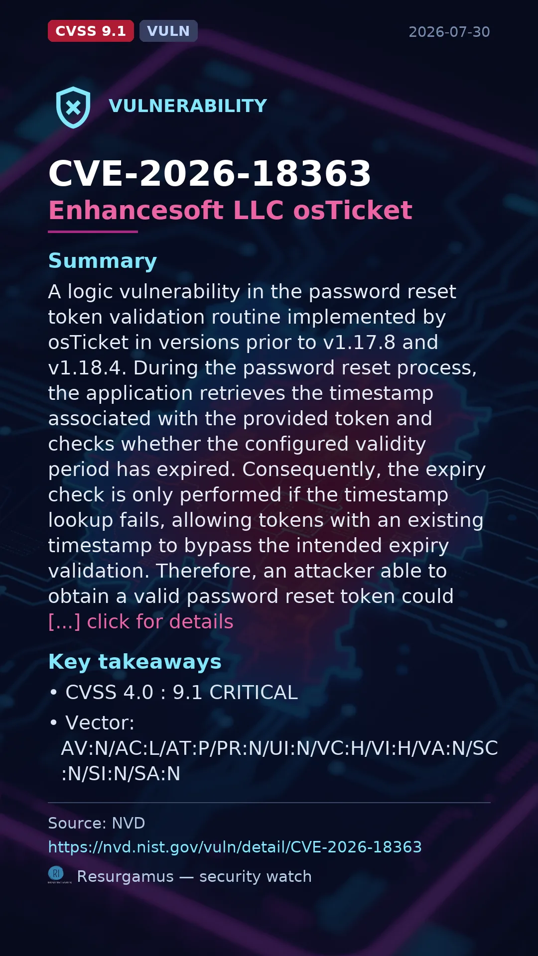 CVE-2026-18363 Enhancesoft LLC osTicket Vulnerability