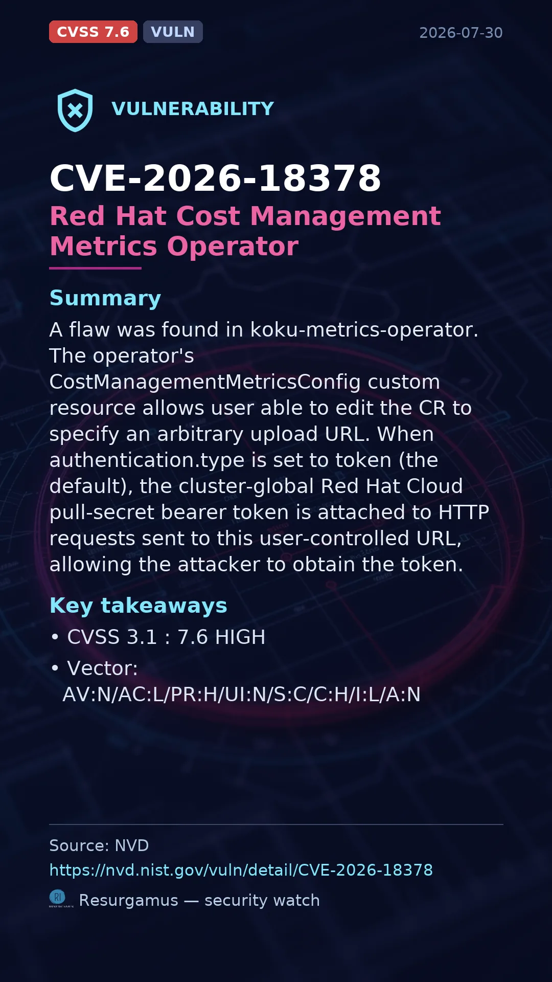 CVE-2026-18378 Red Hat Cost Management Metrics Operator Vulnerability
